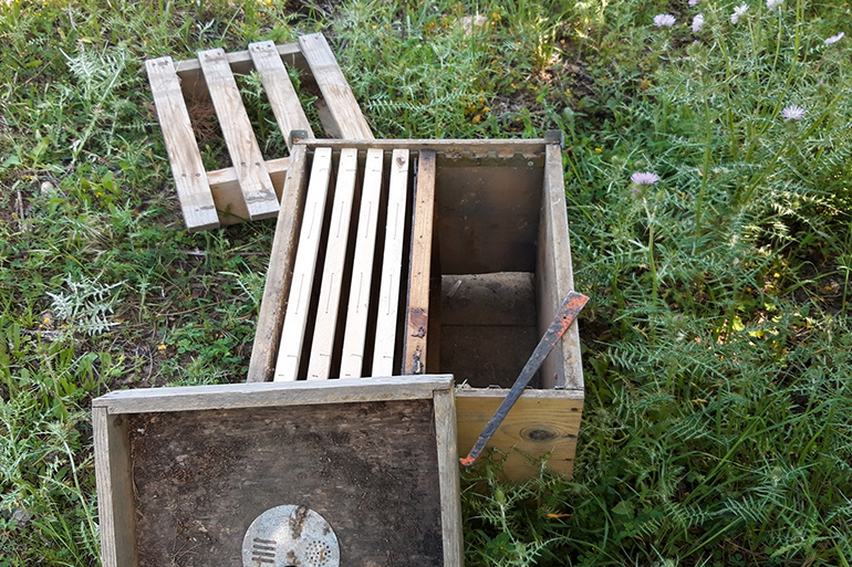 A photo of empty hive boxes on grass.