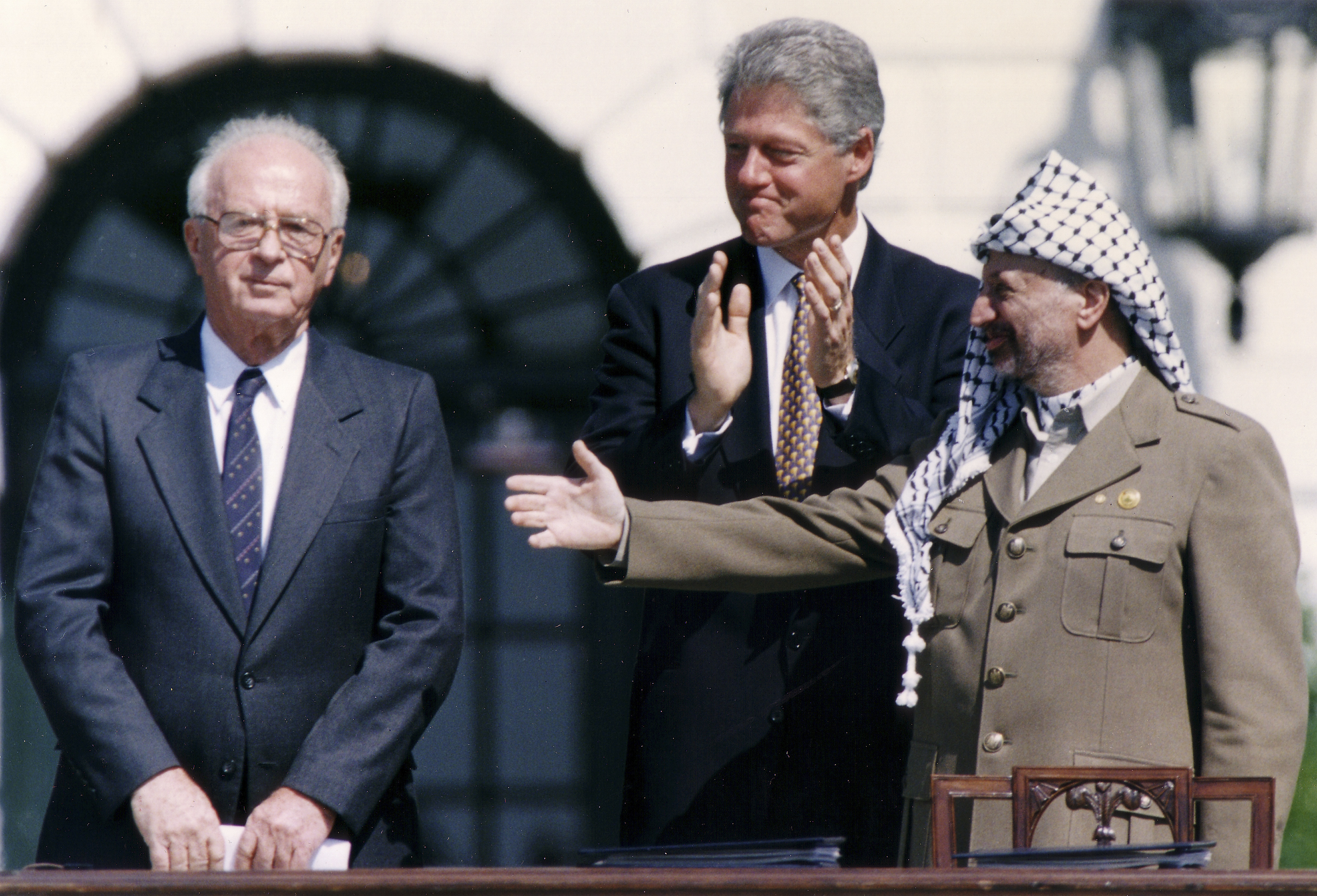 Israeli Prime Minister Yitzhak Rabin, left, pictured alongside US President Bill Clinton, centre, and Palestinian President Yasser Arafat, right, after the signing of the Israeli-PLO peace accord in 1993. Benjamin Netanyahu has since been forced to deny encouraging an atmosphere that led to Rabin’s assassination two years later
