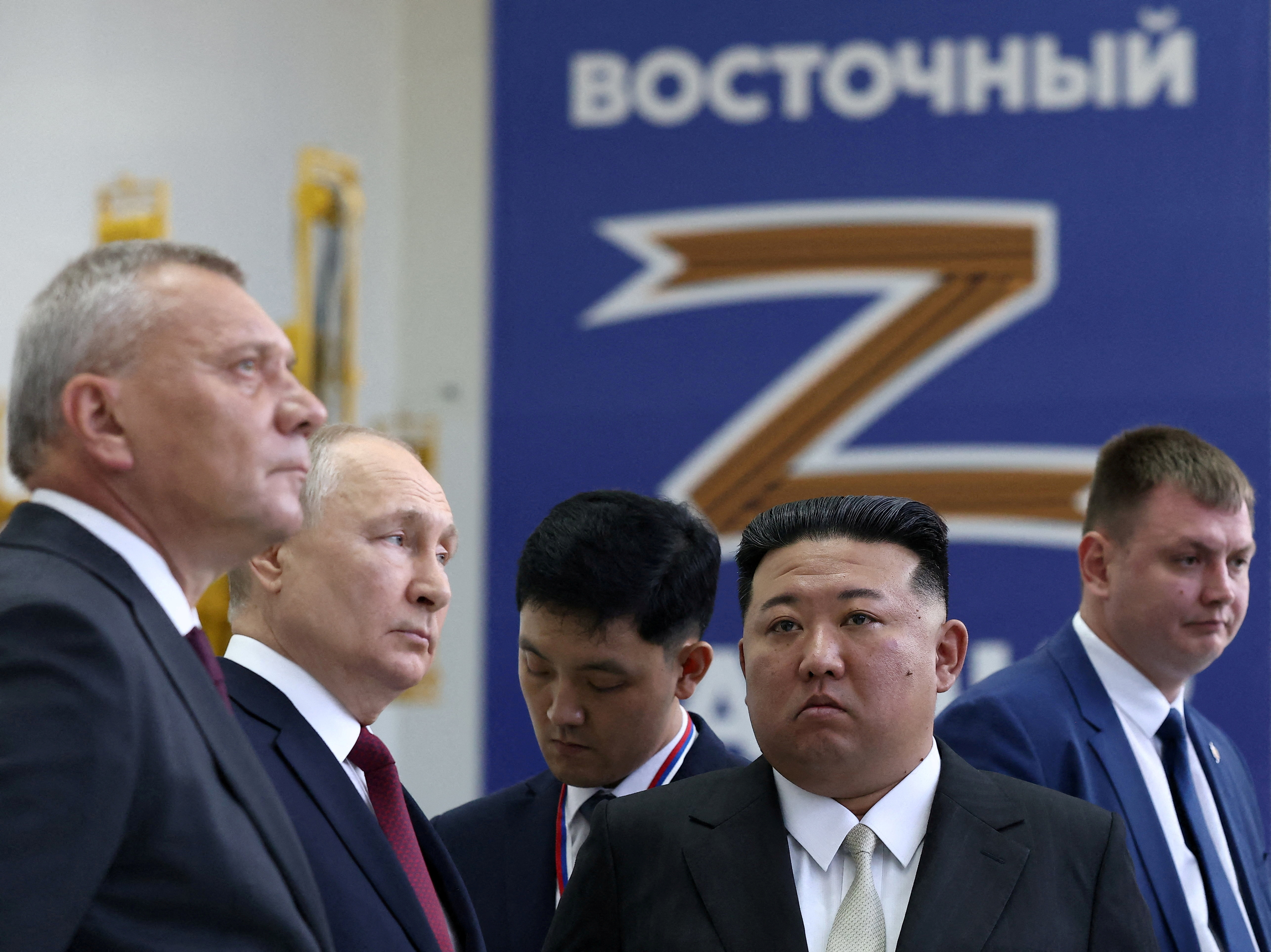 Russian President Vladimir Putin and North Korea’s leader Kim Jong Un visit the Vostochny Сosmodrome in the far eastern Amur region, Russia