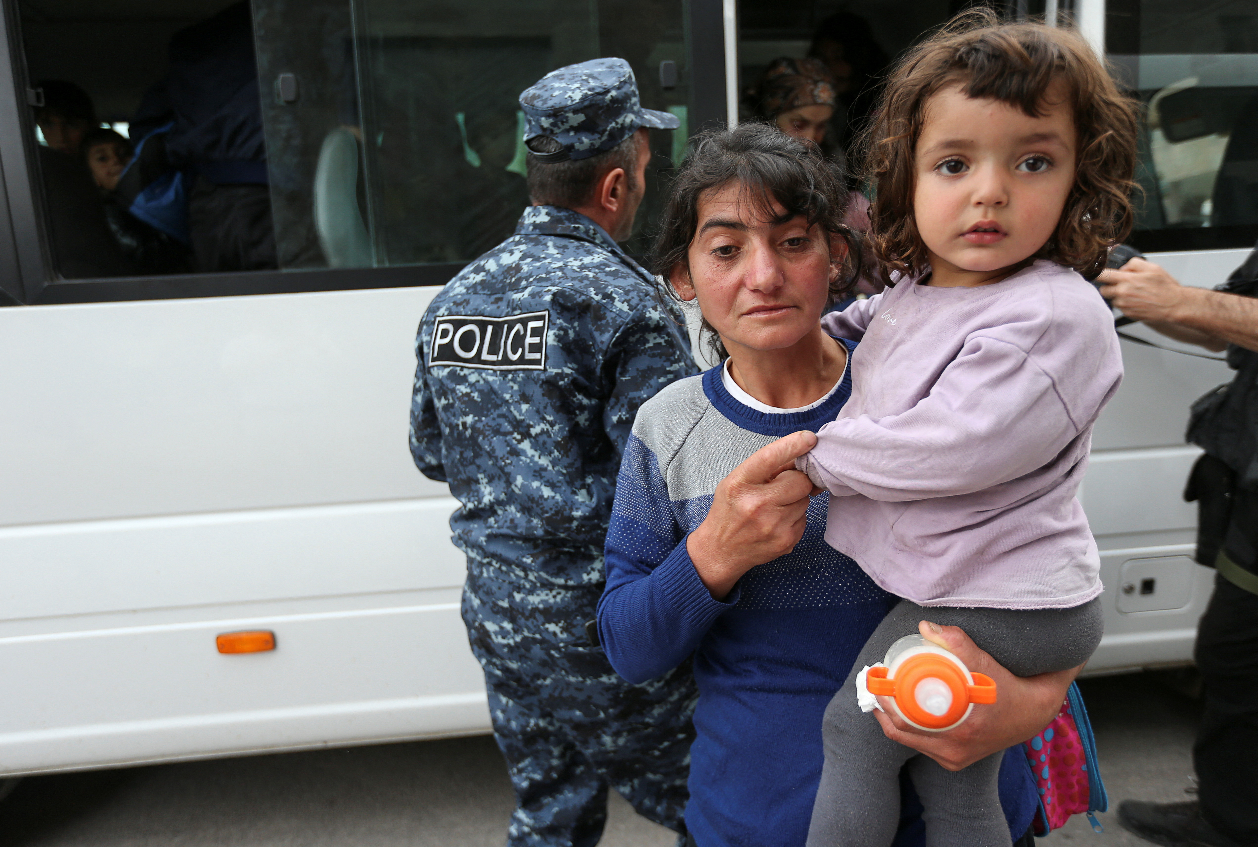 Refugees from Nagorno-Karabakh region arrive at a temporary accommodation centre in the town of Goris, Armenia.