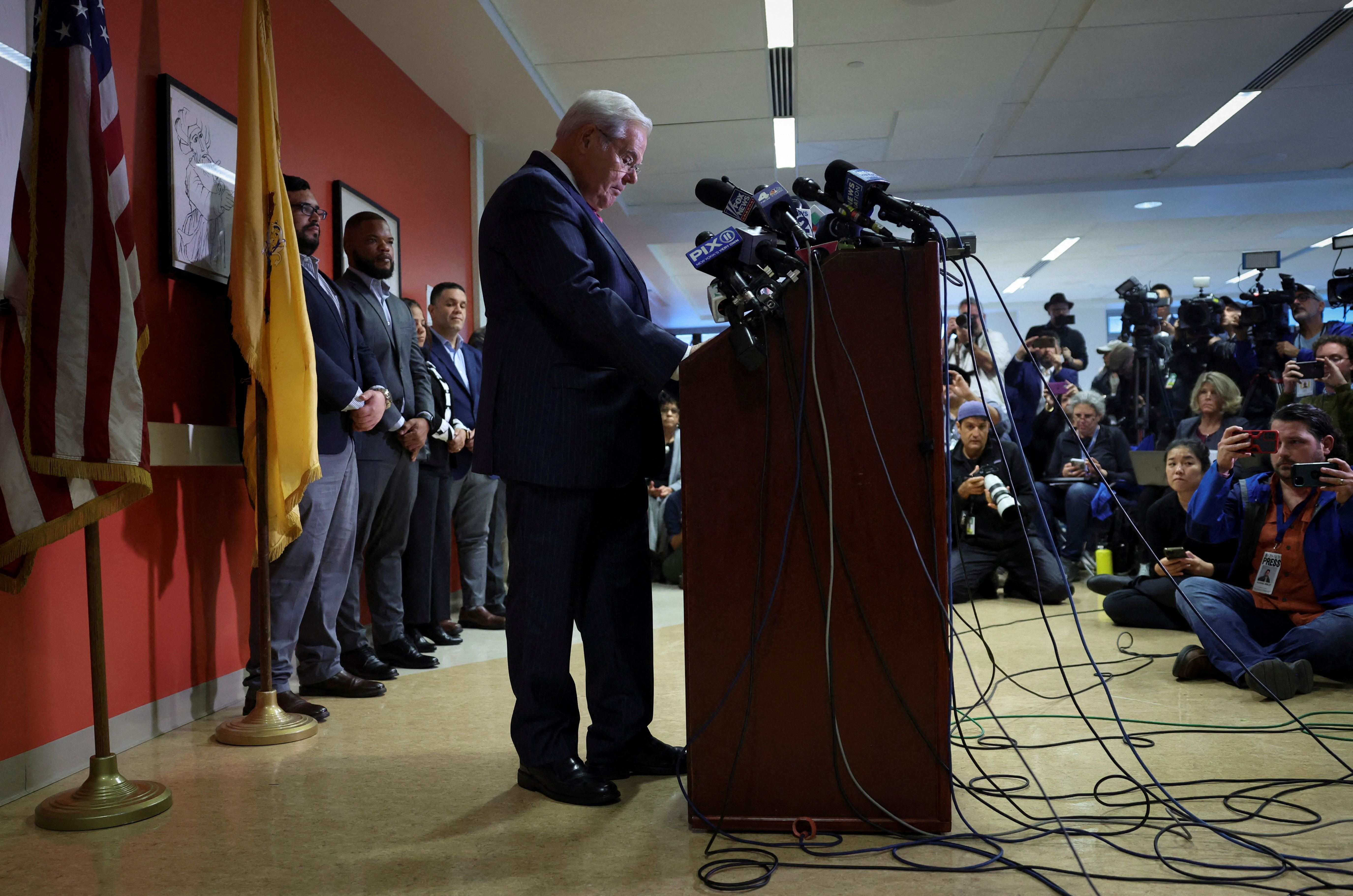 US Senator Robert Menendez (D-NJ) delivers remarks, after he and his wife Nadine Menendez were indicted on bribery offenses in connection with their corrupt relationship with three New Jersey businessmen, in Union City, New Jersey, US, September 25, 2023 [Mike Segar/Reuters]