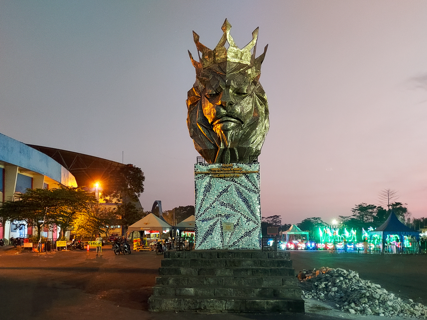 The famous Arema lion stands in front of Kanjuruhan Stadium