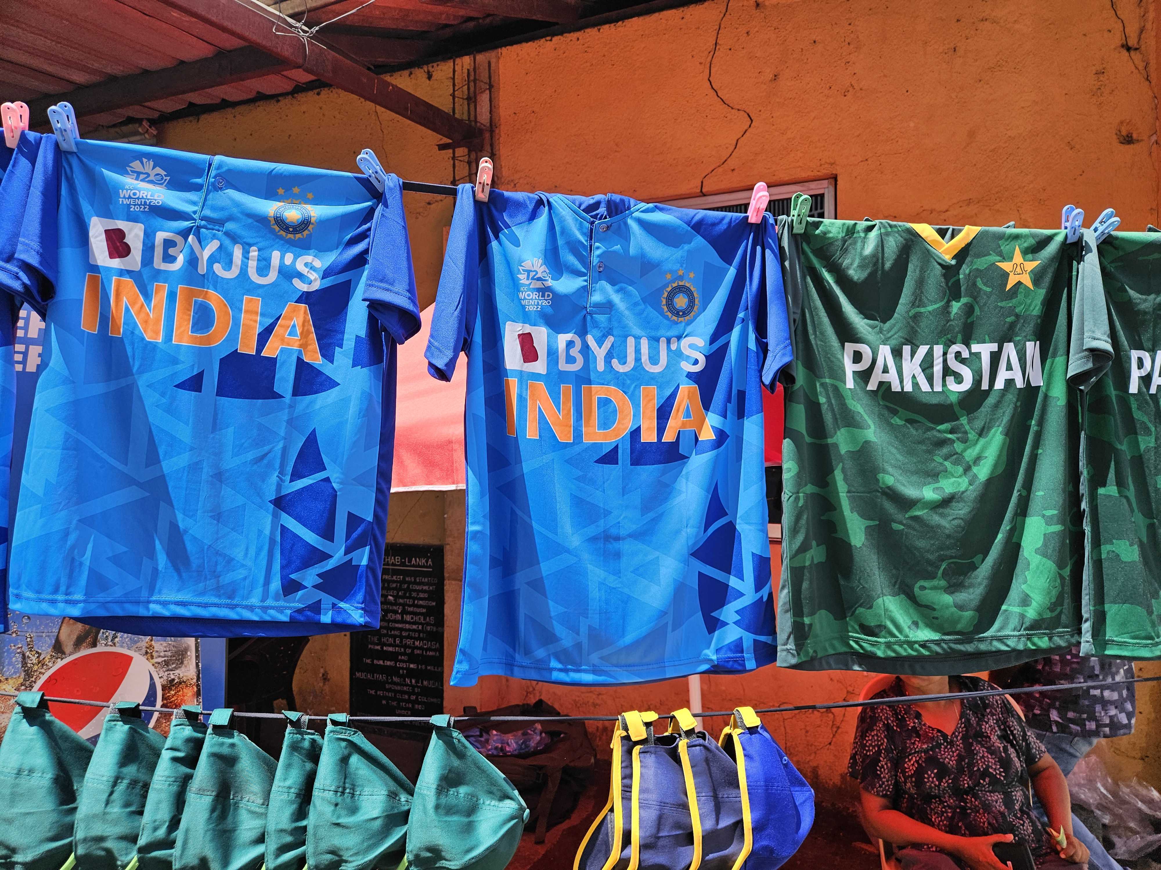 India and Pakistan shirts for sale in a merchandise stall in Colombo, Sri Lanka