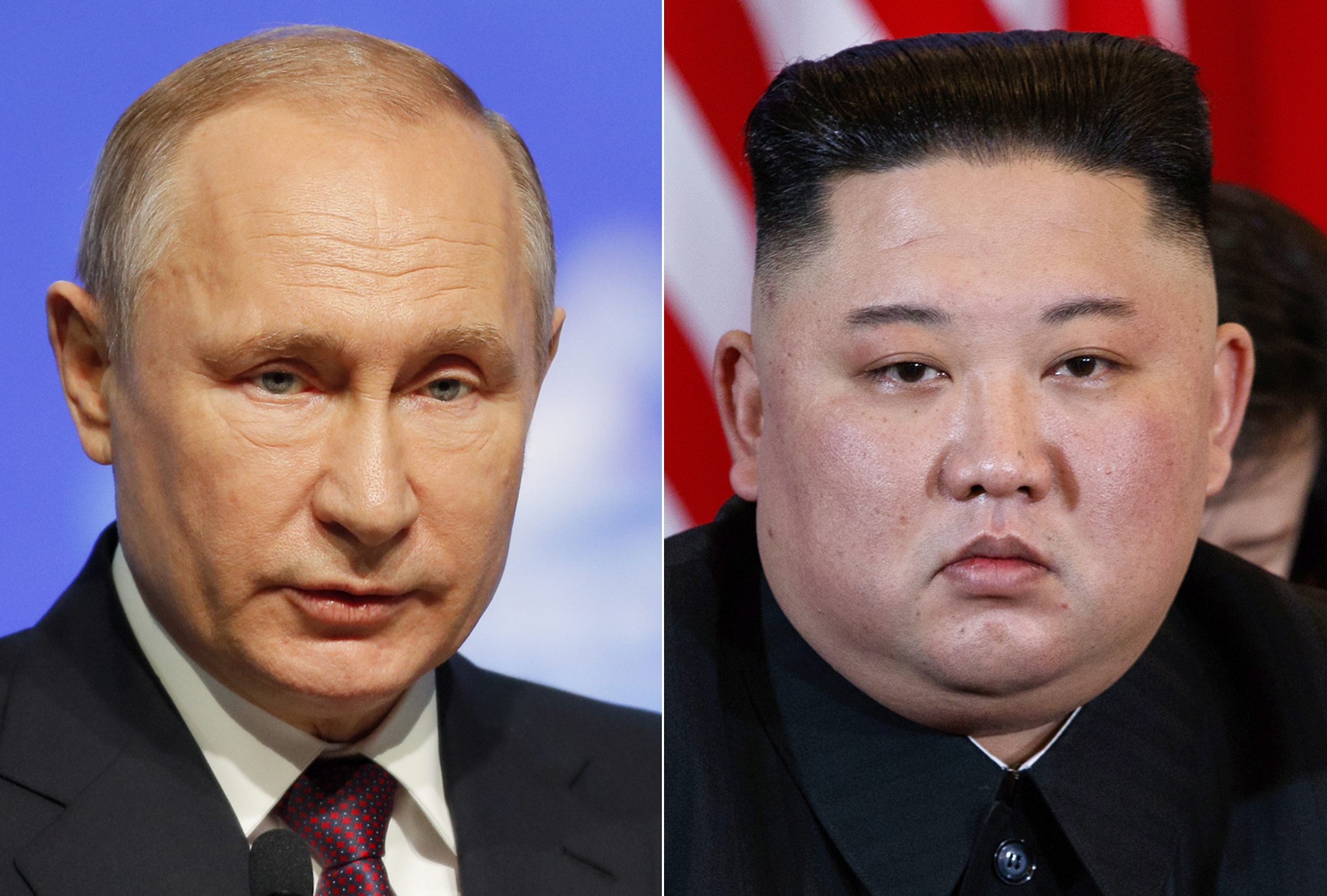 Russian President Vladimir Putin, left, and North Korean leader Kim Jong Un first met face to face in 2019 [File: Dmitri Lovetsky, Evan Vucci/AP Photo)