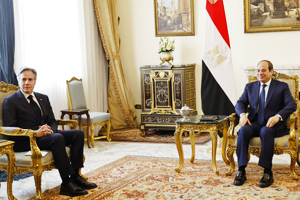 U.S. Secretary of State Antony Blinken, left, meets with Egyptian President Abdel Fattah el-Sissi at Al-Ittihadiya Palace in Cairo, Egypt, Monday, Jan. 30, 2023. Blinken arrived Sunday in Egypt at the start of his Middle East trip. (Khaled Desouki/Pool Photo via AP)