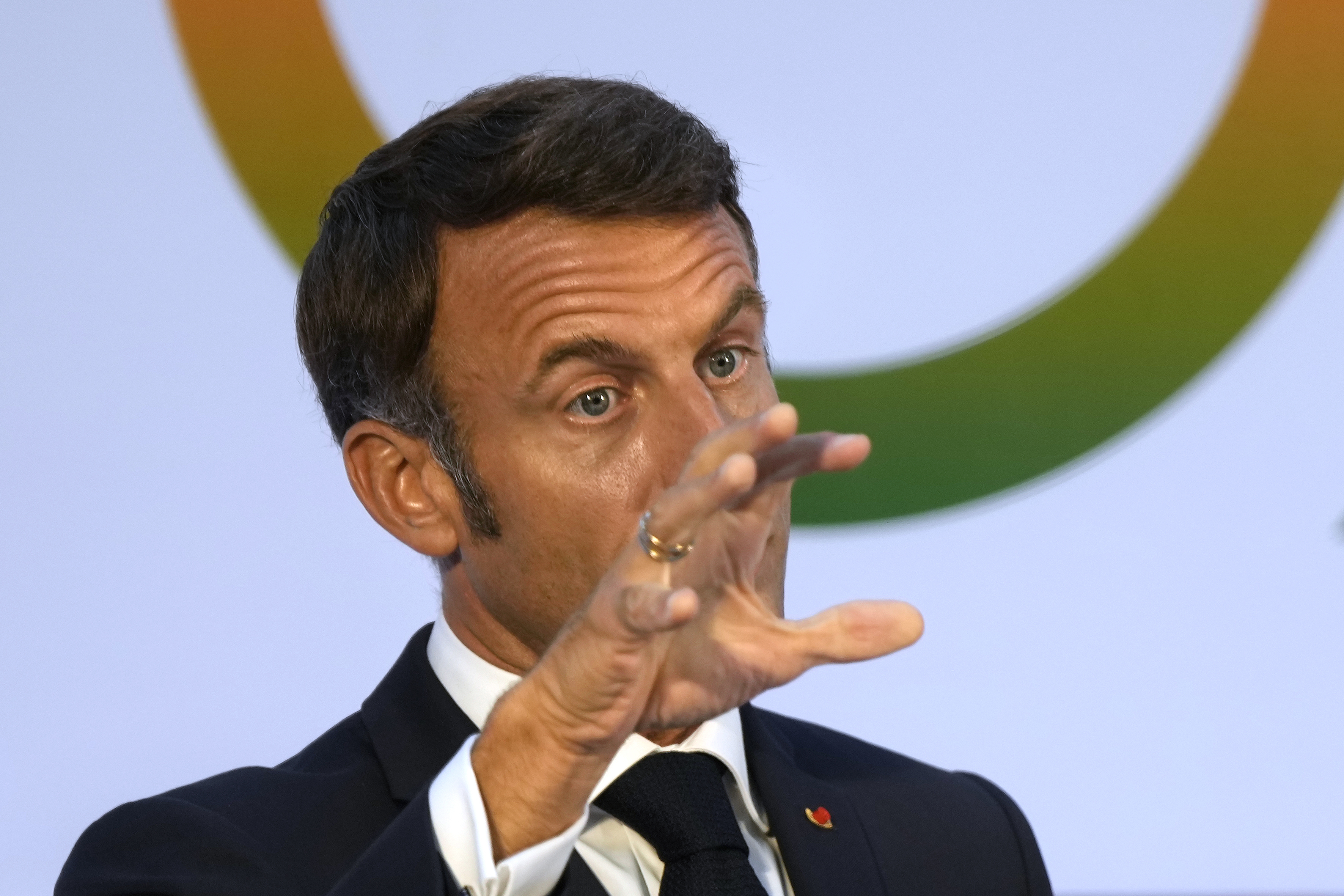 French President Emmanuel Macron addresses a press conference at the end of the G20 summit in New Delhi on Sunday, September 10