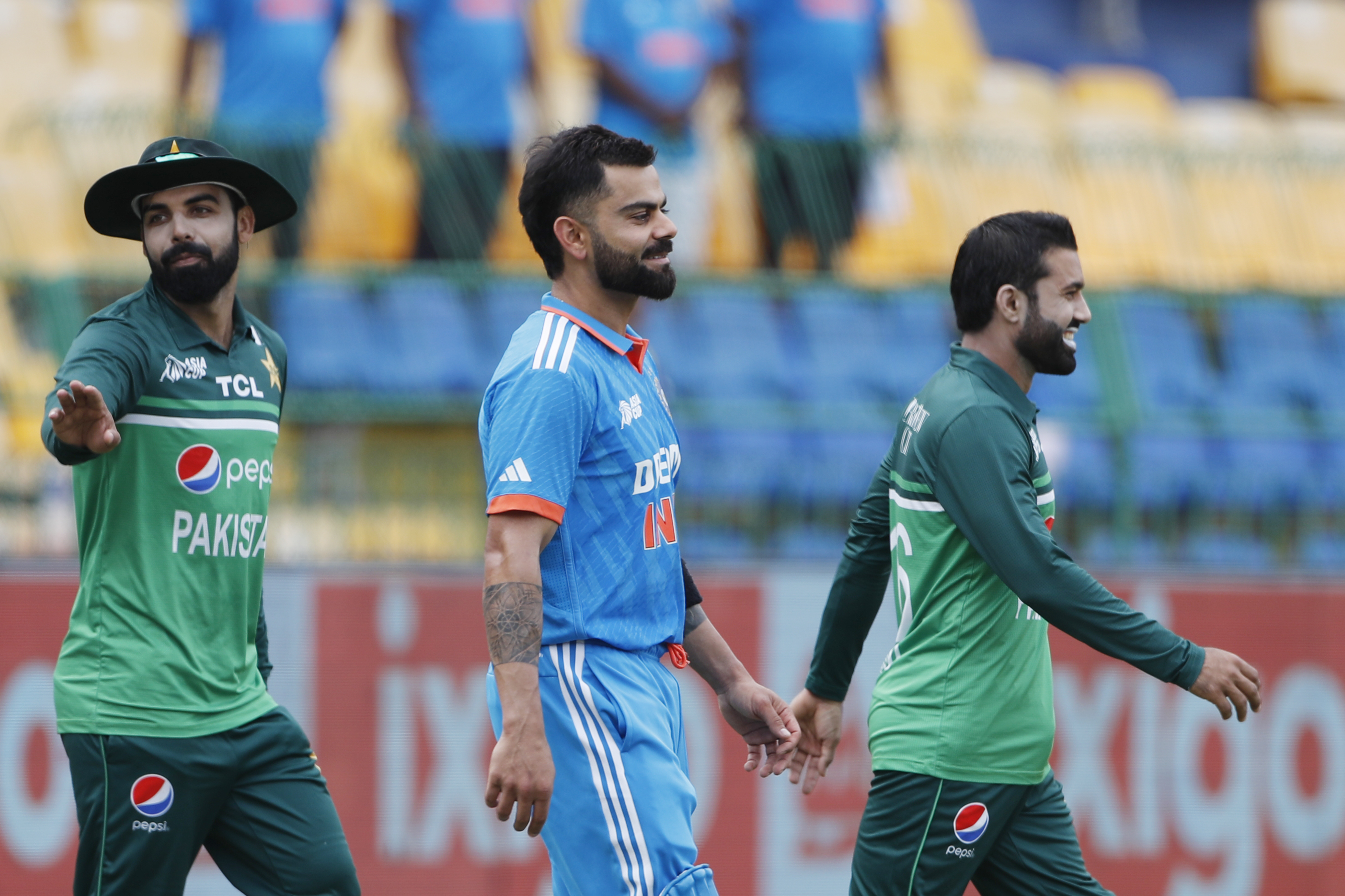 COLOMBO, SRI LANKA - SEPTEMBER 10: Mohammad Rizwan of Pakistan (R) , Virat Kohli of India (C) and Shadab Khan of Pakistan (L) during the Asia Cup Super Four match between India and Pakistan at R. Premadasa Stadium on September 10, 2023 in Colombo, Sri Lanka. (Photo by Surjeet Yadav/Getty Images)