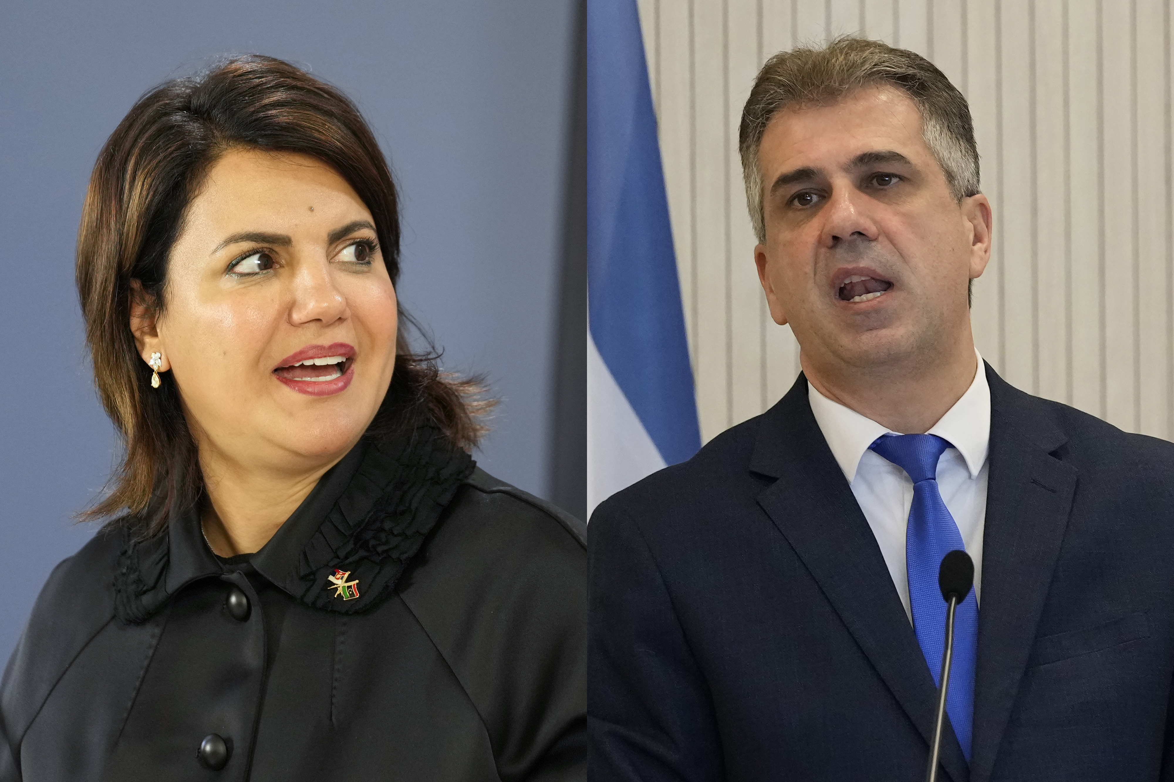 Left, former Libyan Foreign Minister Najla al-Mangoush, right, Israeli Foreign Minister Eli Cohen