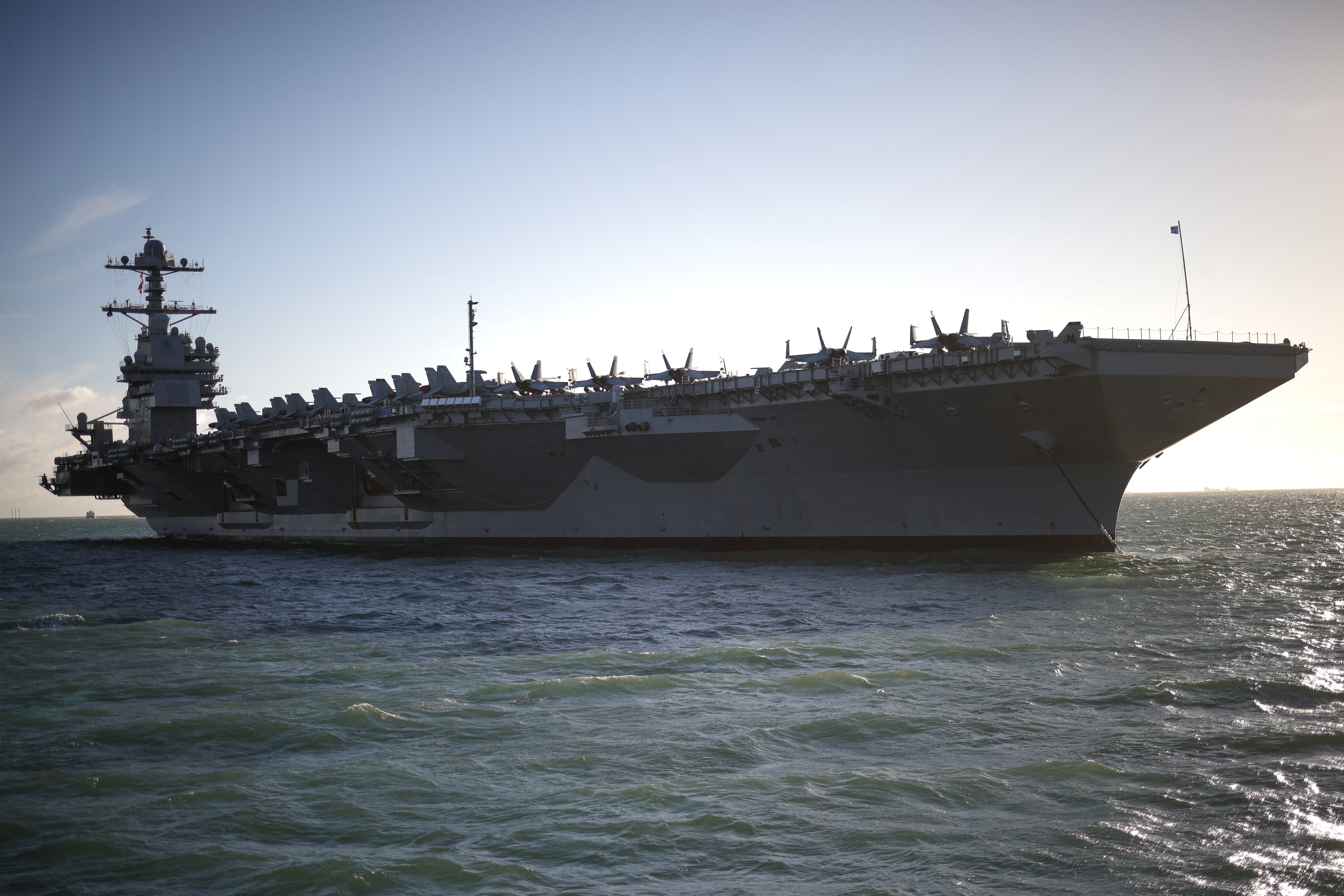 The U.S. Aircraft Carrier USS Gerald R. Ford is anchored in the Solent near Gosport, Britain