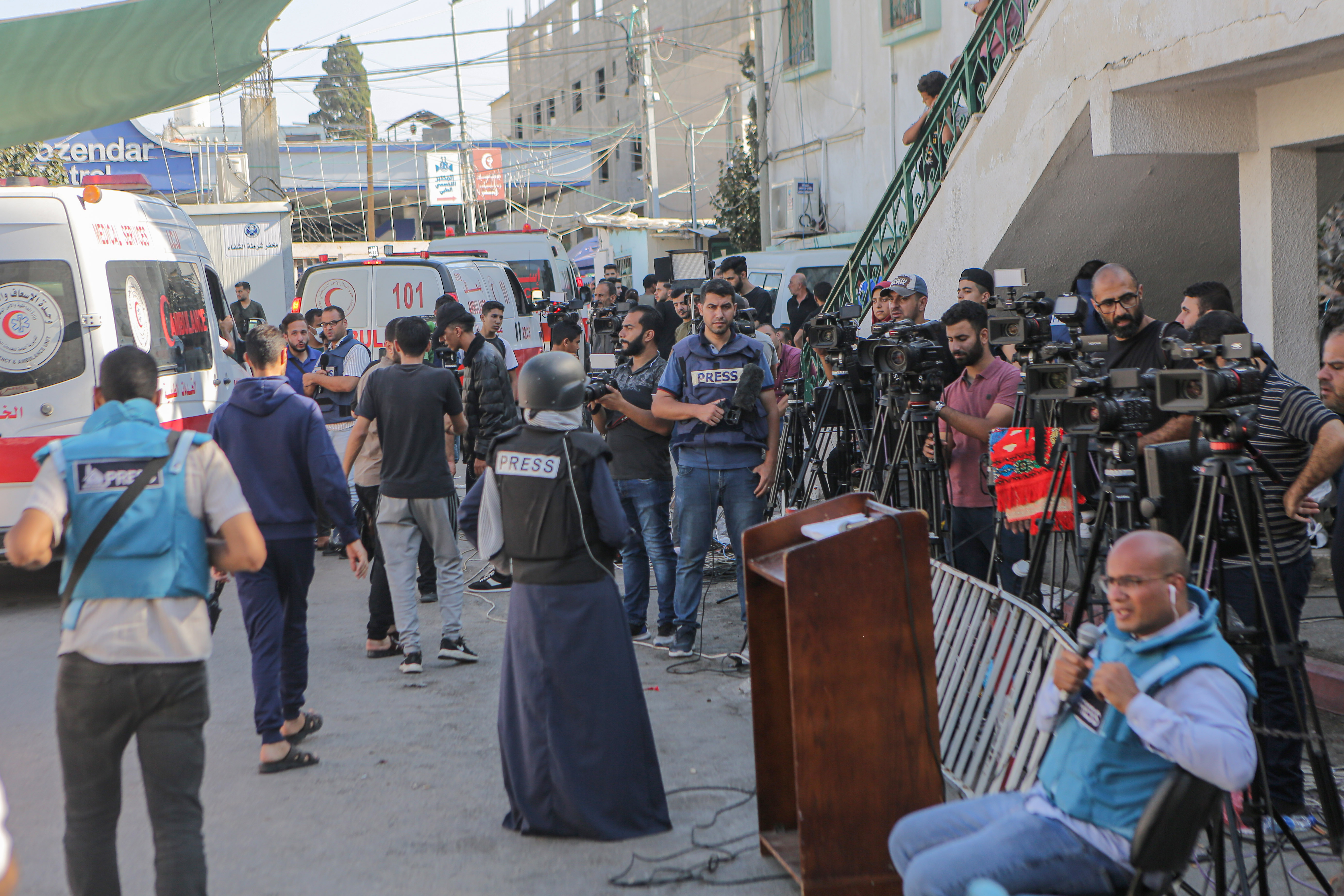 Many journalists are using the Shifa Hospital grounds as a base for their reporting in Gaza City