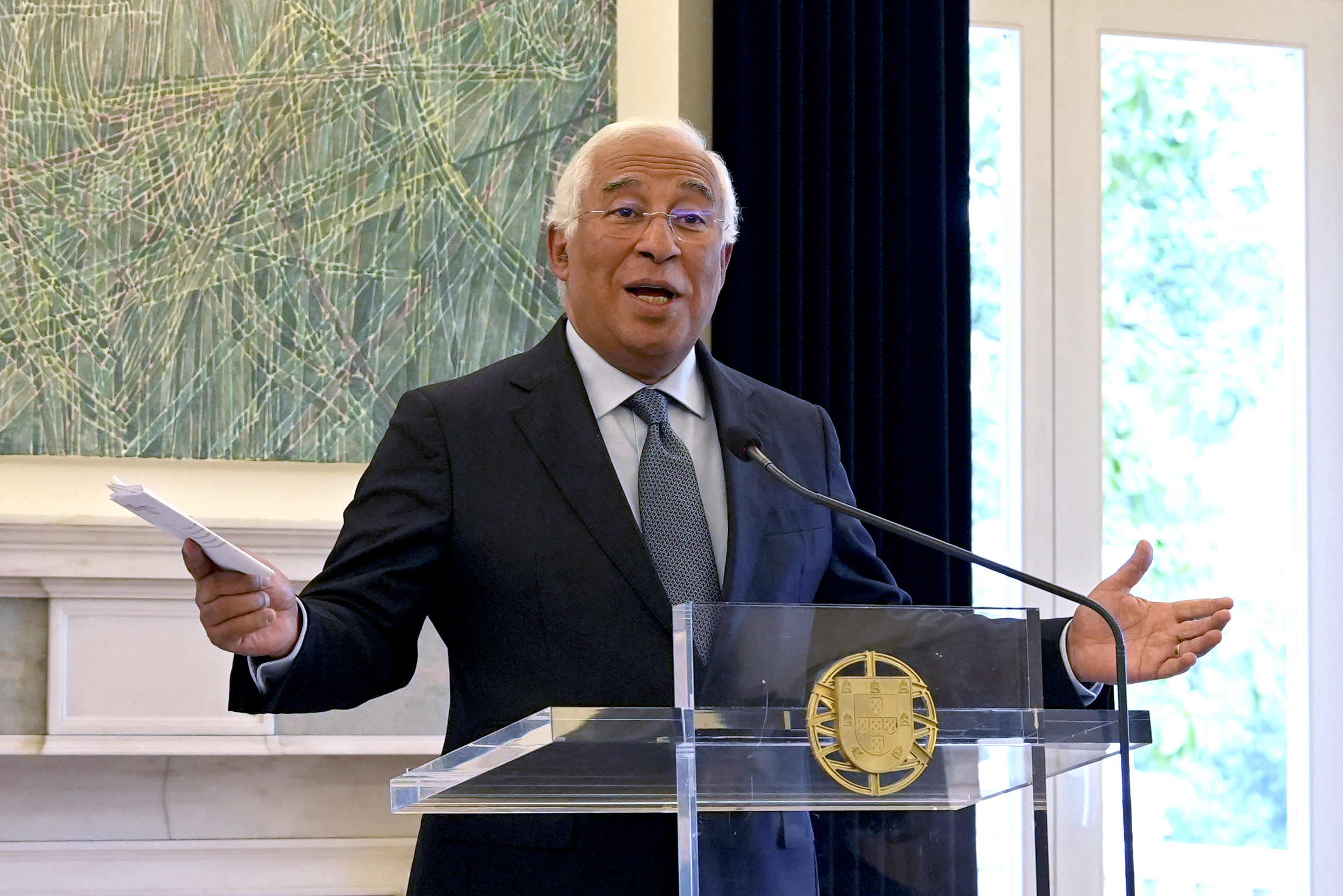 Portuguese Prime Minister Antonio Costa gestures during a news conference in Lisbon