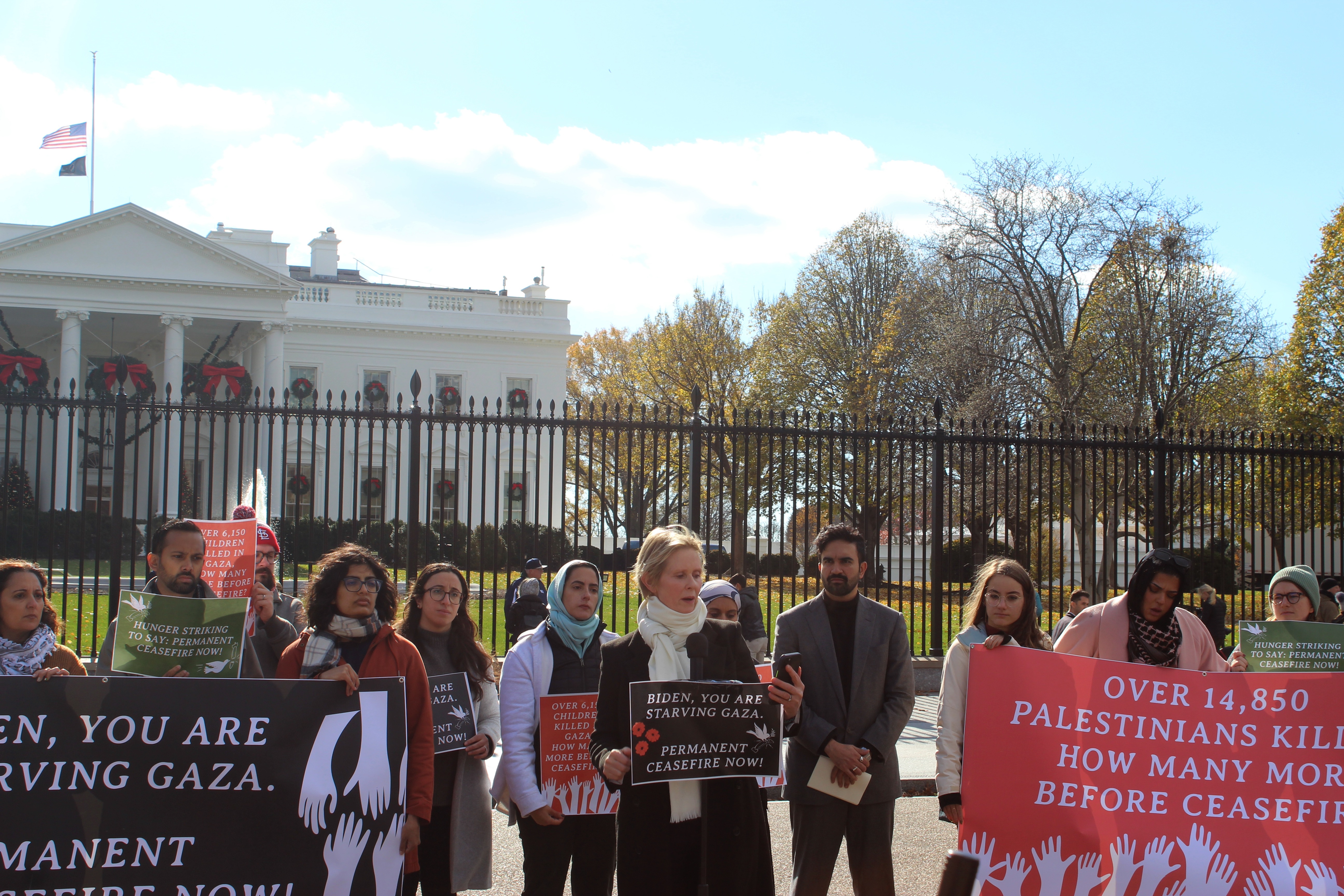 Cynthia Nixon, flanked by Palestinian rights advocates