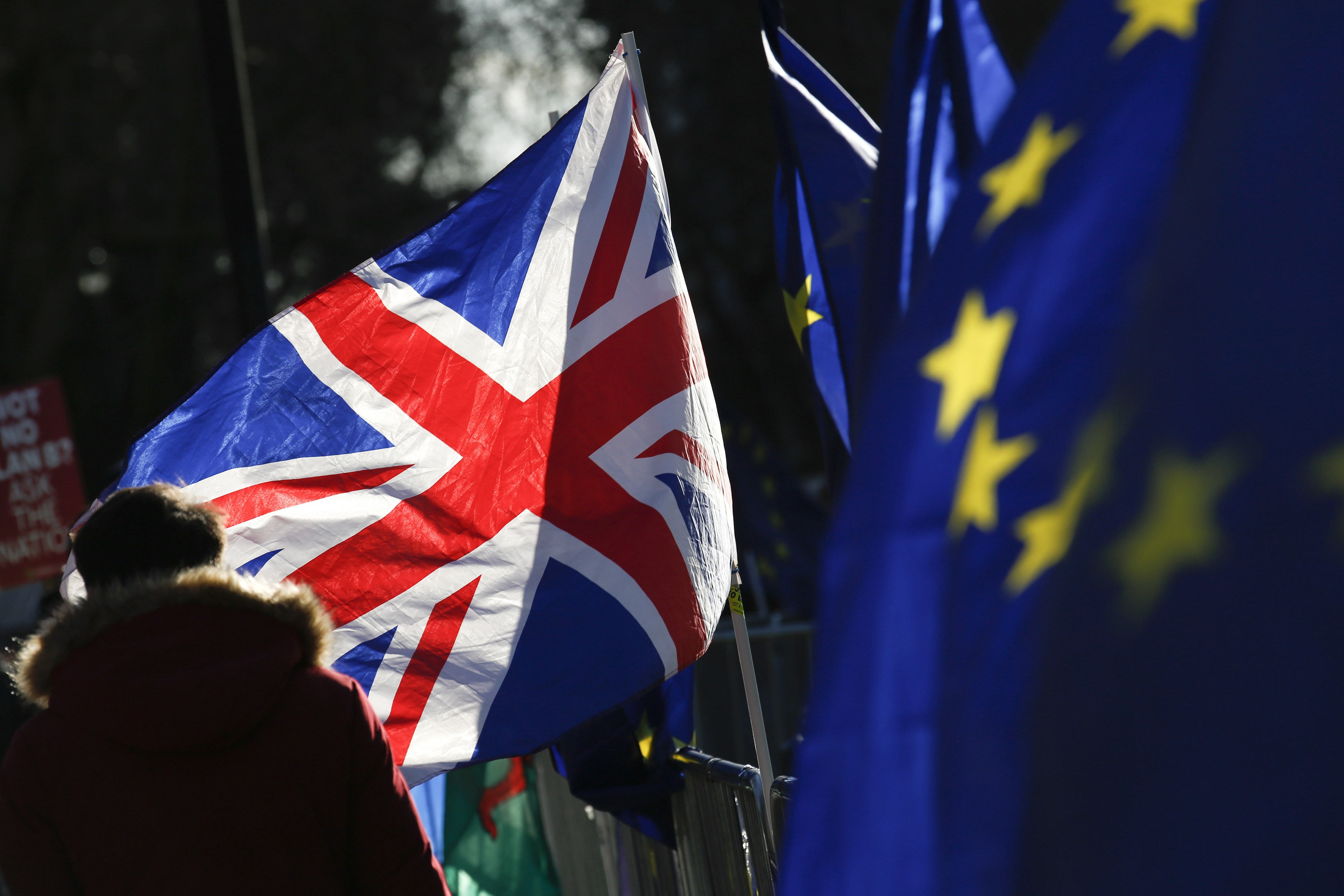 The Union Jack flies beside European Union flags during pro- and anti-Brexit protests outside the Houses of Parliament in London on January 22, 2019 [File: Luke MacGregor/Bloomberg via Getty Images]