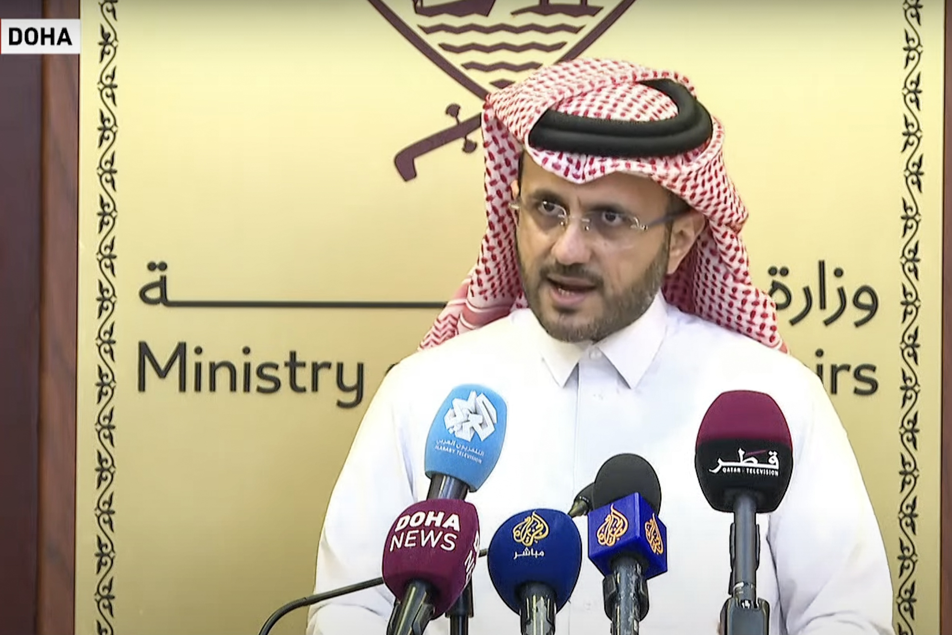Majed al-Ansari, spokesperson for Qatar’s foreign ministry, during a news conference in Doha