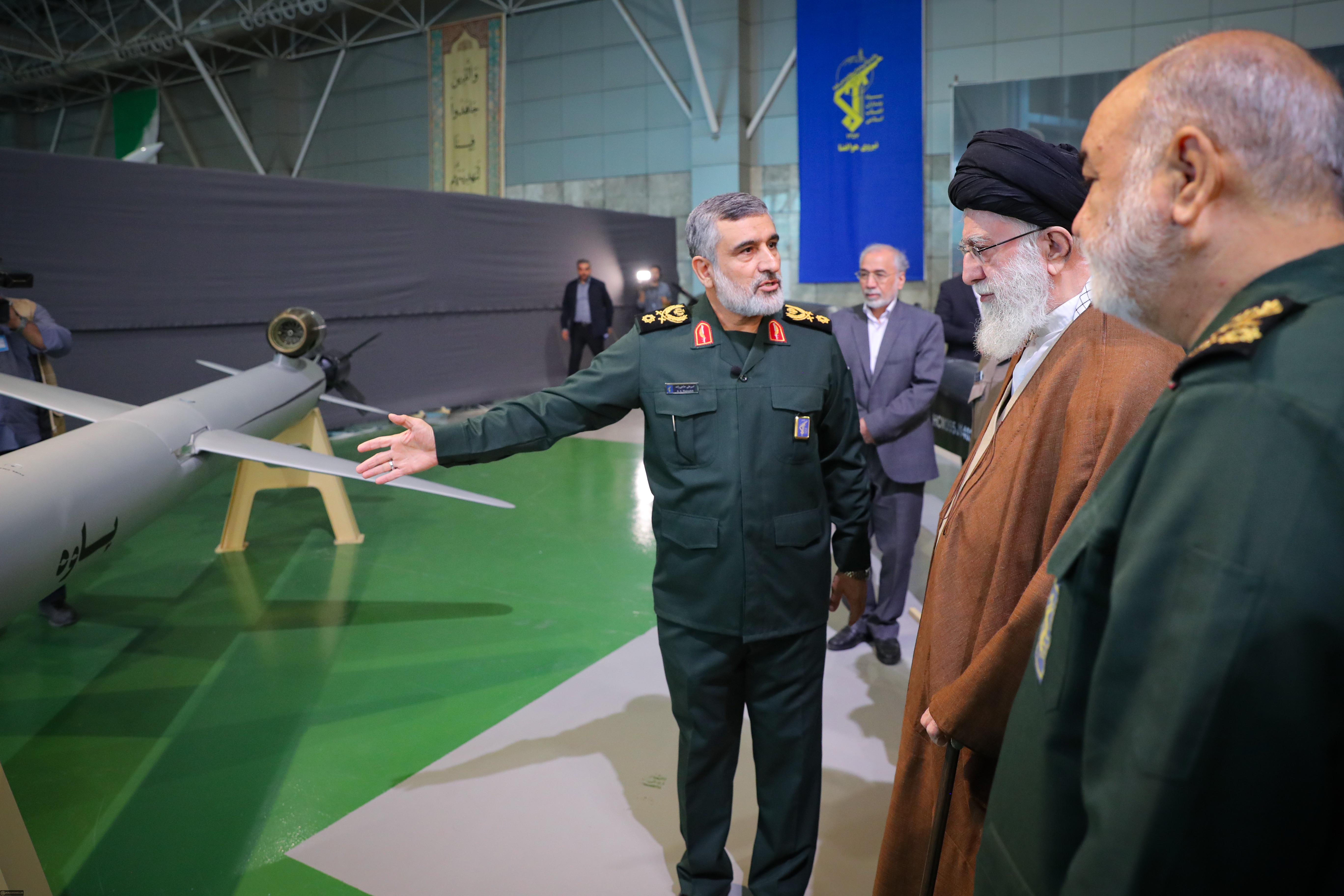 Ayatollah Ali Khamenei (centre right) during a visit to the IRGC aerospace achievement exhibition in Tehran [Handout from khamenei.ir]