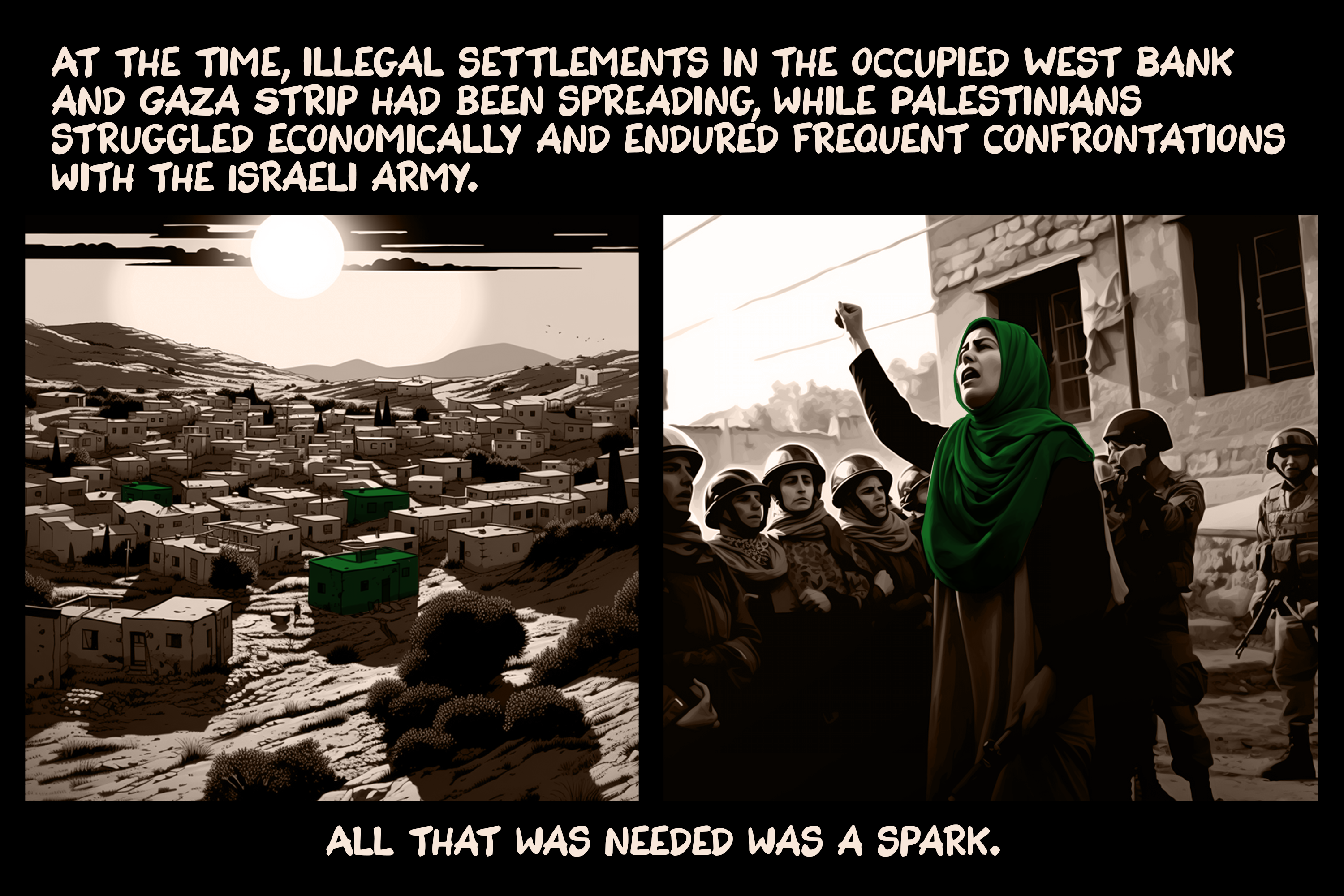 At the time, illegal settlements in the occupied West Bank and Gaza Strip had been spreading, while Palestinians struggled economically and endured frequent confrontations with the Israeli army. All that was needed was a spark.