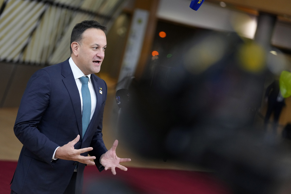 Ireland's Prime Minister Leo Varadkar speaks with the media