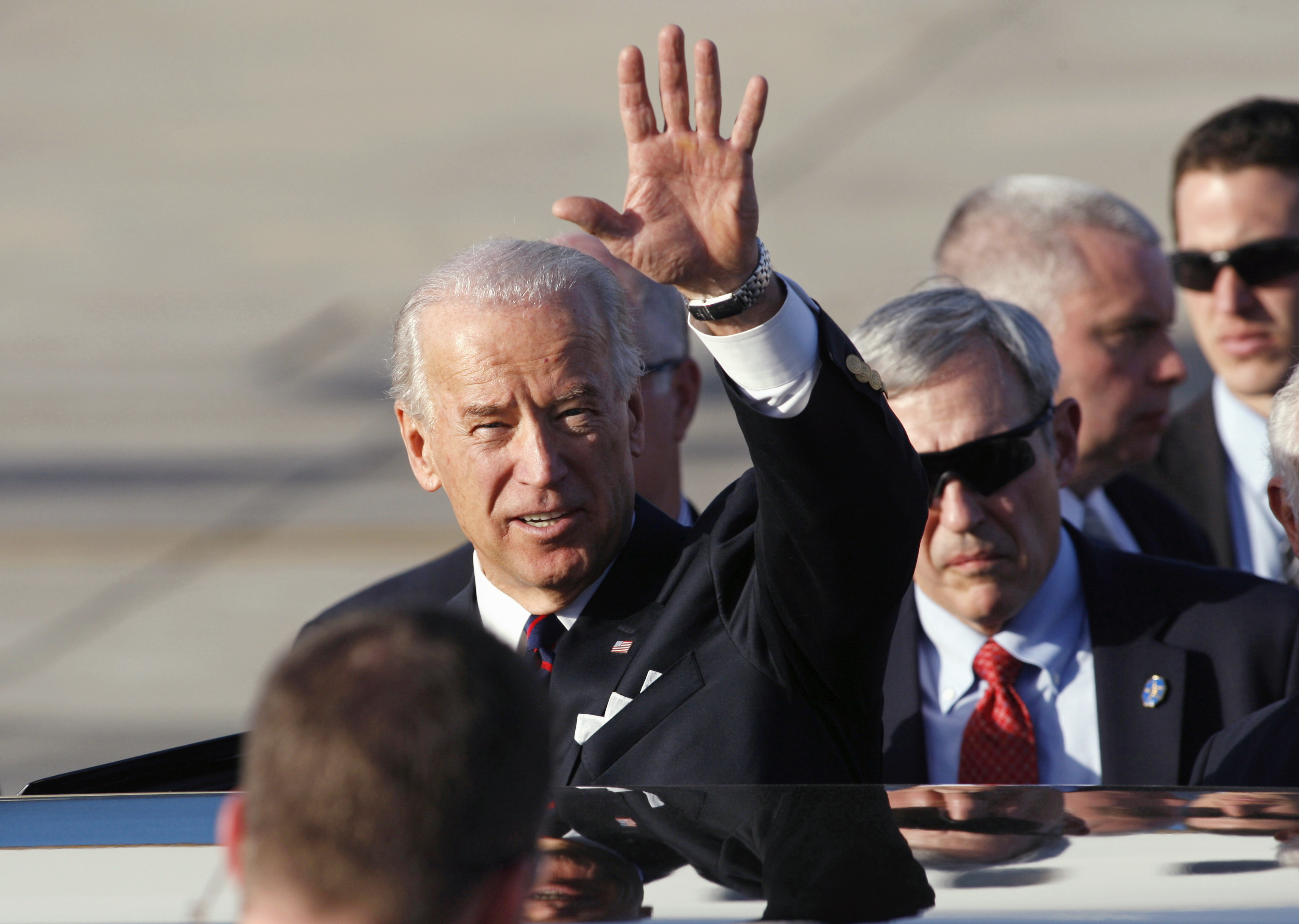 Then-Vice President Biden waves upon his arrival at Ben Gurion International Airport near Tel Aviv in 2010