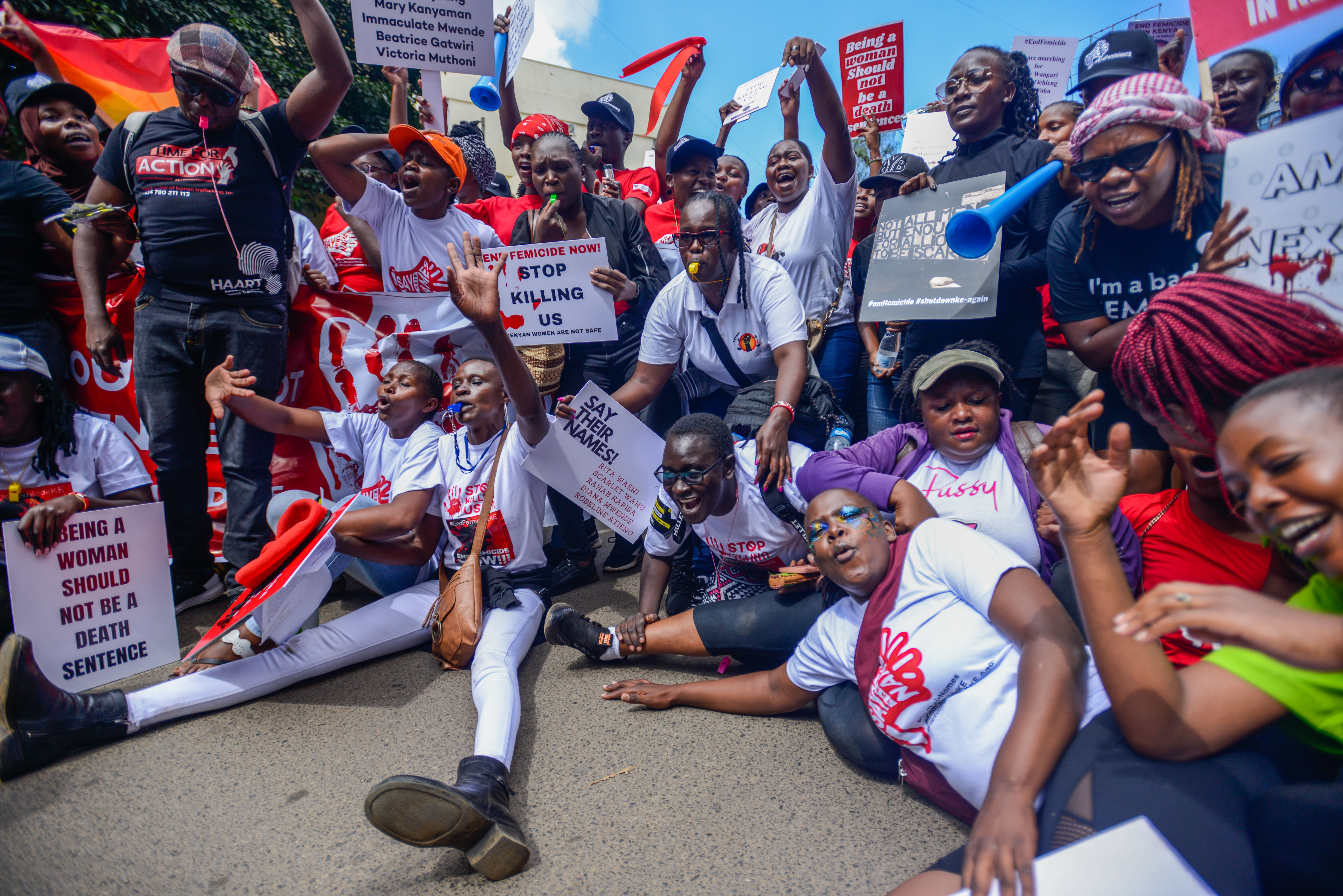 A human rights activist reacts as she attends a protest demanding an end to femicides in the country in Kenya's capital, Nairobi, January 27