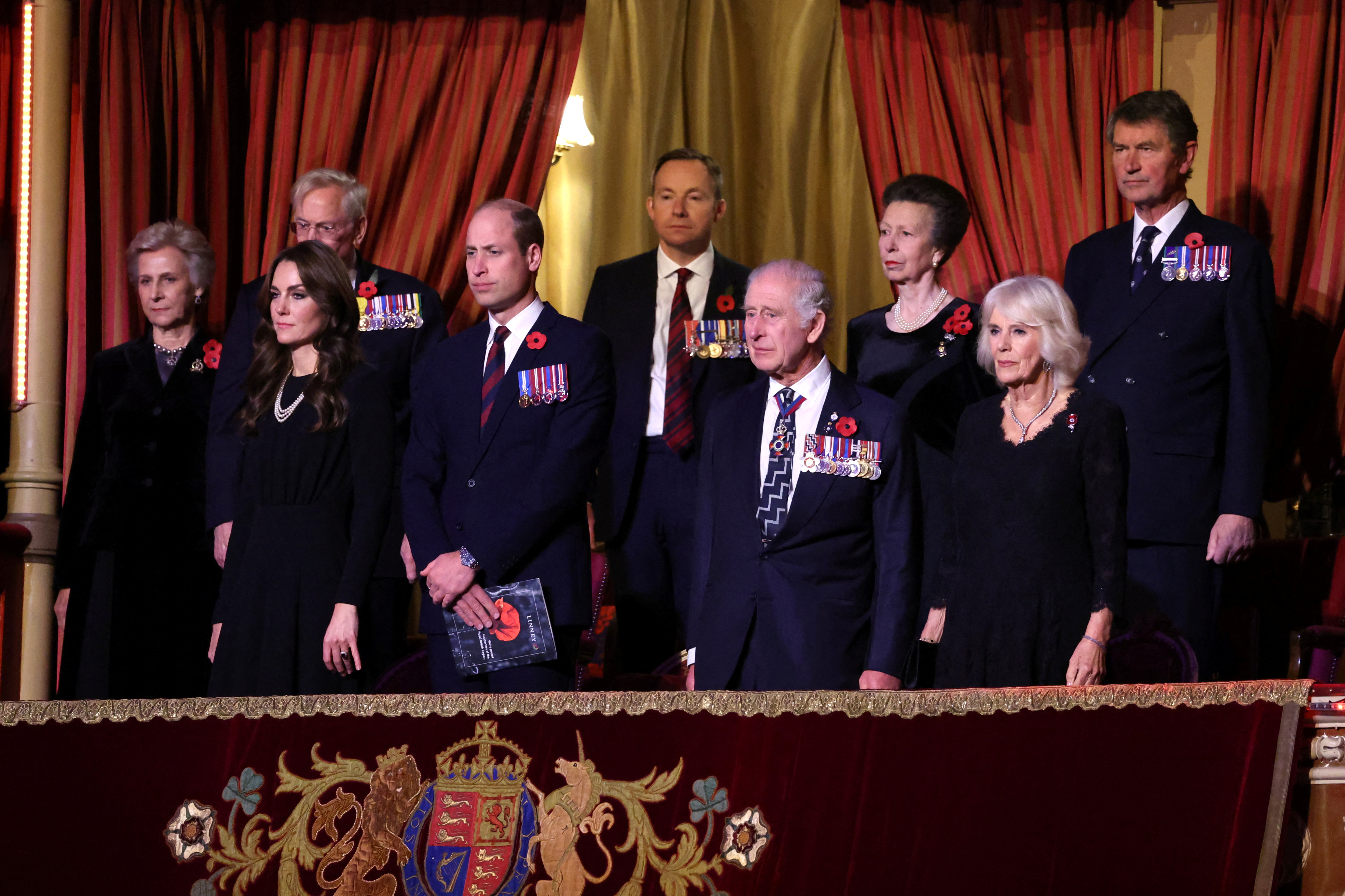 Birgitte, Duchess of Gloucester, Prince William, Prince of Wales, Catherine, Princess of Wales, King Charles III, Queen Camila, Anne, Princess Royal, and Vice Admiral Sir Timothy Laurence attend The Royal British Legion Festival of Remembrance at Royal Albert Hall