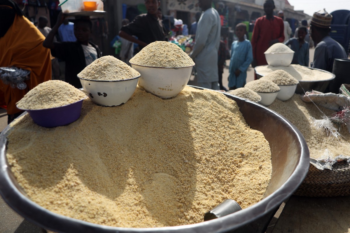 Cassava is displayed at the market in Jibia