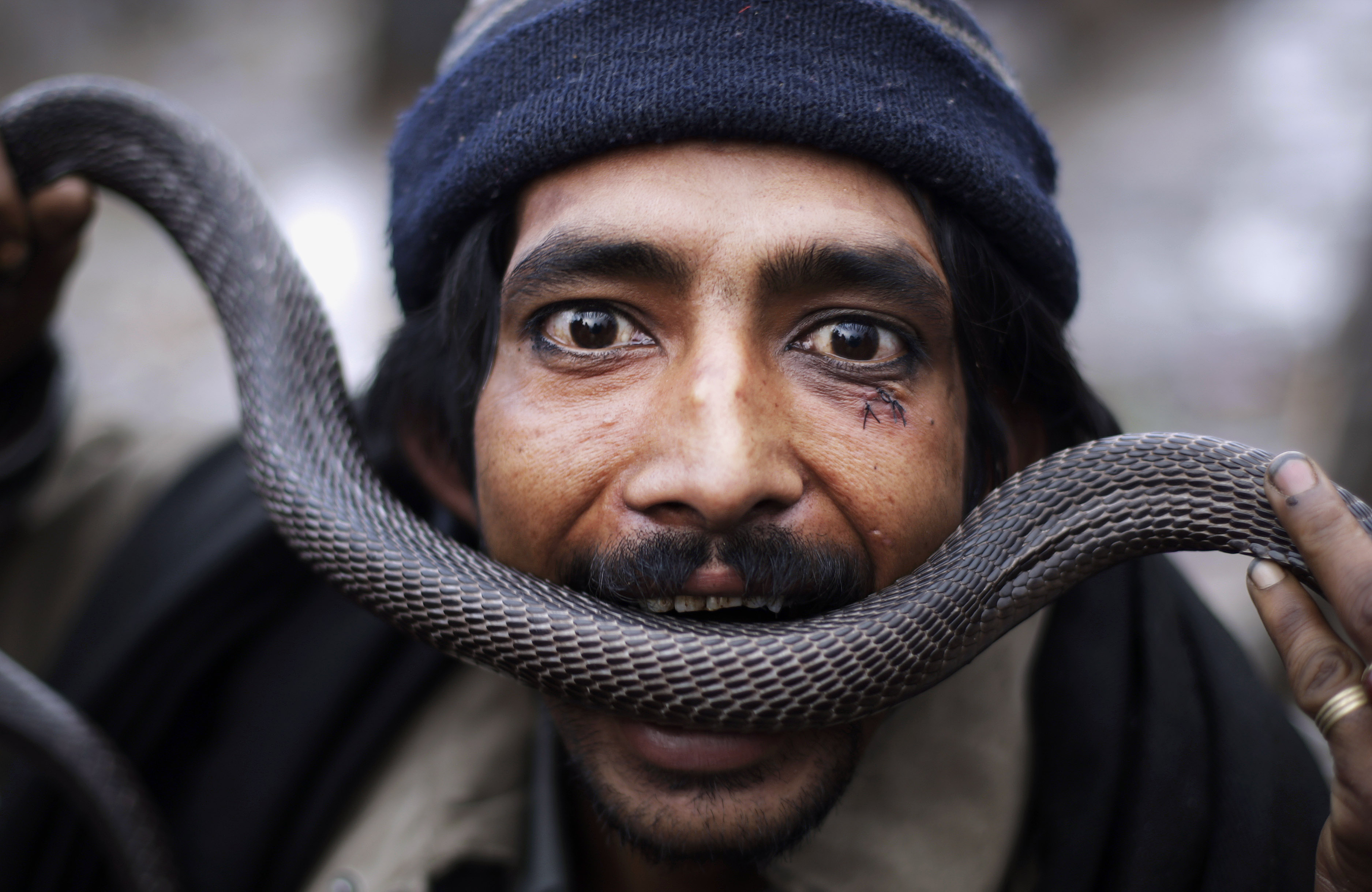 A Pakistani man uses a snake as he performs to make money on a roadside on the outskirts of Islamabad, Pakistan,