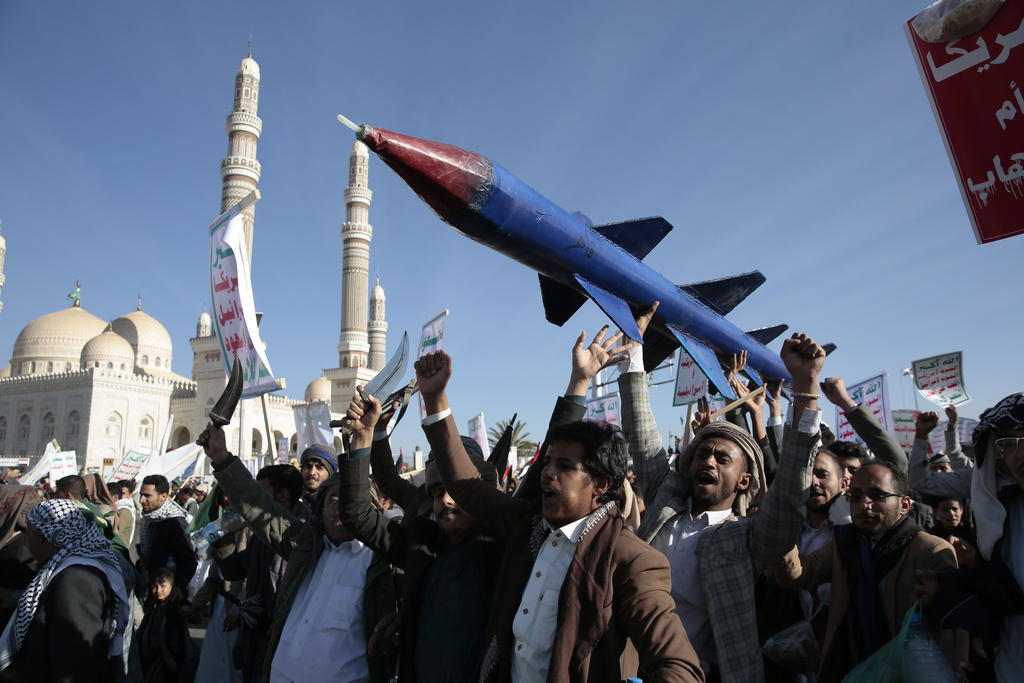 Houthi supporters attend a rally in support of the Palestinians in the Gaza Strip and against the U.S.-led airstrikes on Yemen, in Sanaa, Yemen