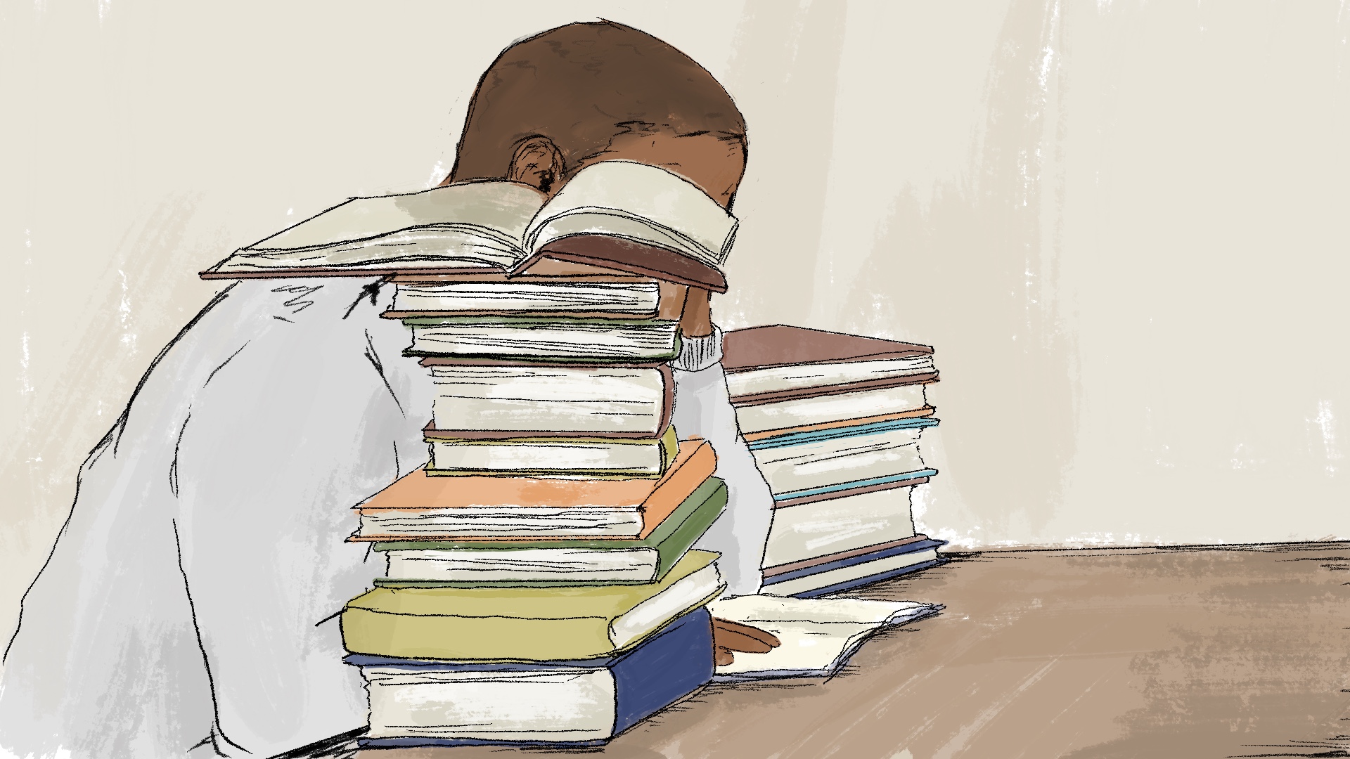 An illustration of a person who is a prisoner reading a book on a table with two piles of books on each side of him, covering his face.