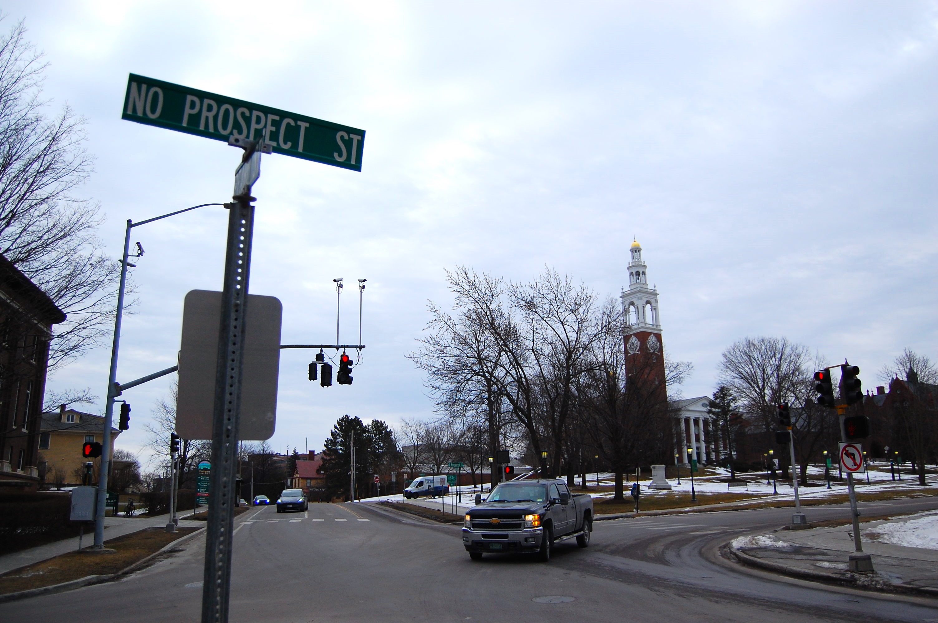 A view of the street sign for North Prospect Street, where three Palestinian students were shot in November, in Burlington, Vermont, US
