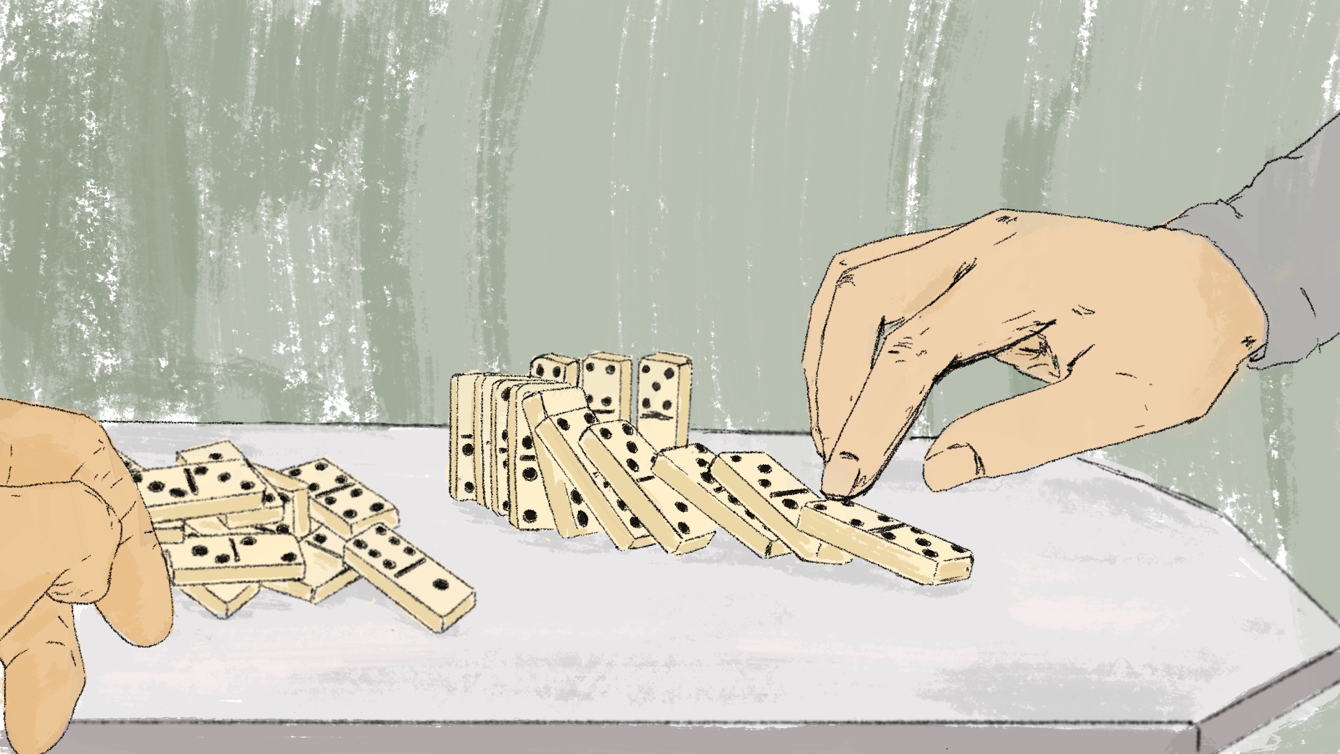 An illustration of two people who are prisoners playing dominos on a table.