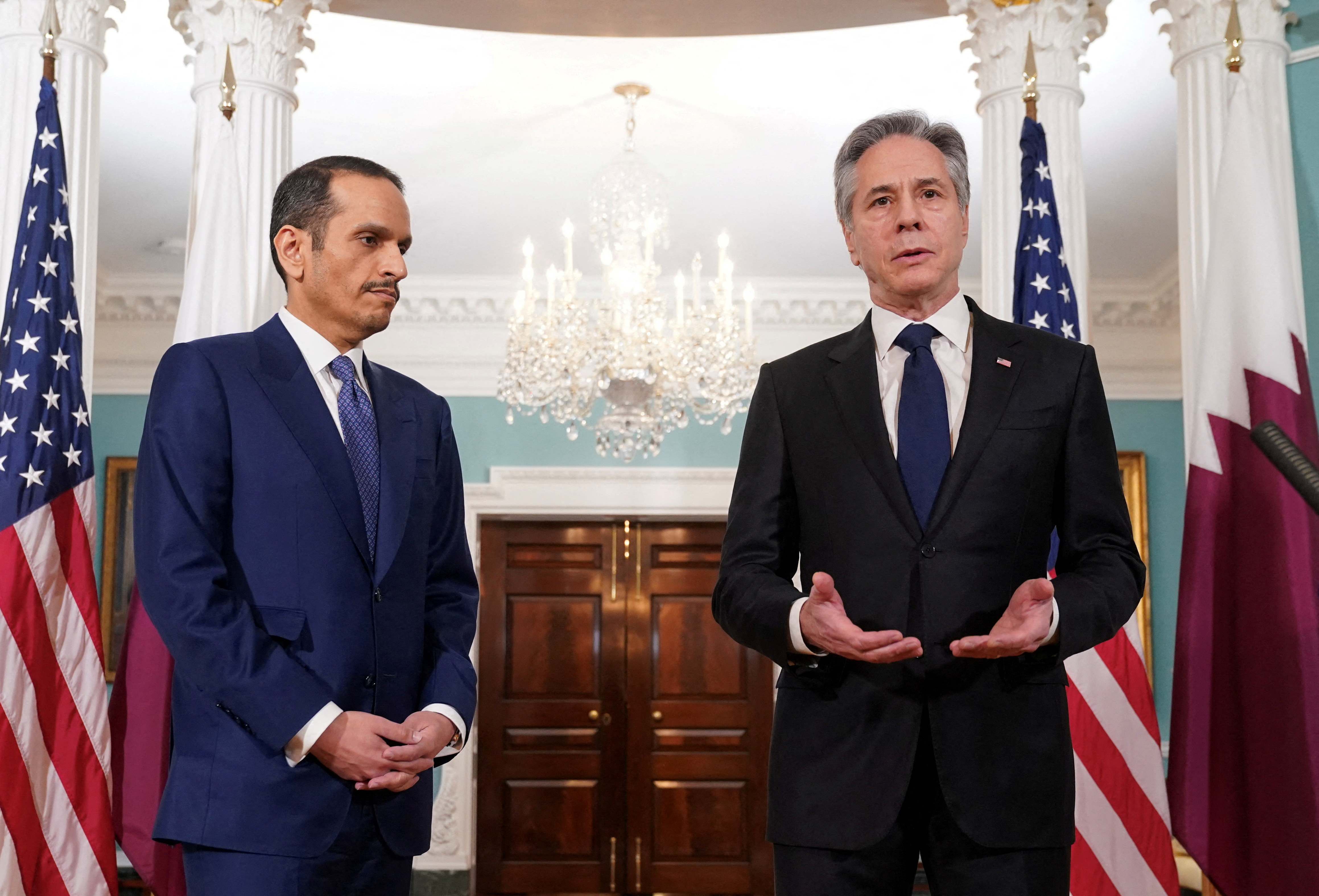 U.S. Secretary of State Antony Blinken speaks during his meeting with Qatar’s Prime Minister and Foreign Minister Sheikh Mohammed bin Abdulrahman Al Thani at the State Department in Washington