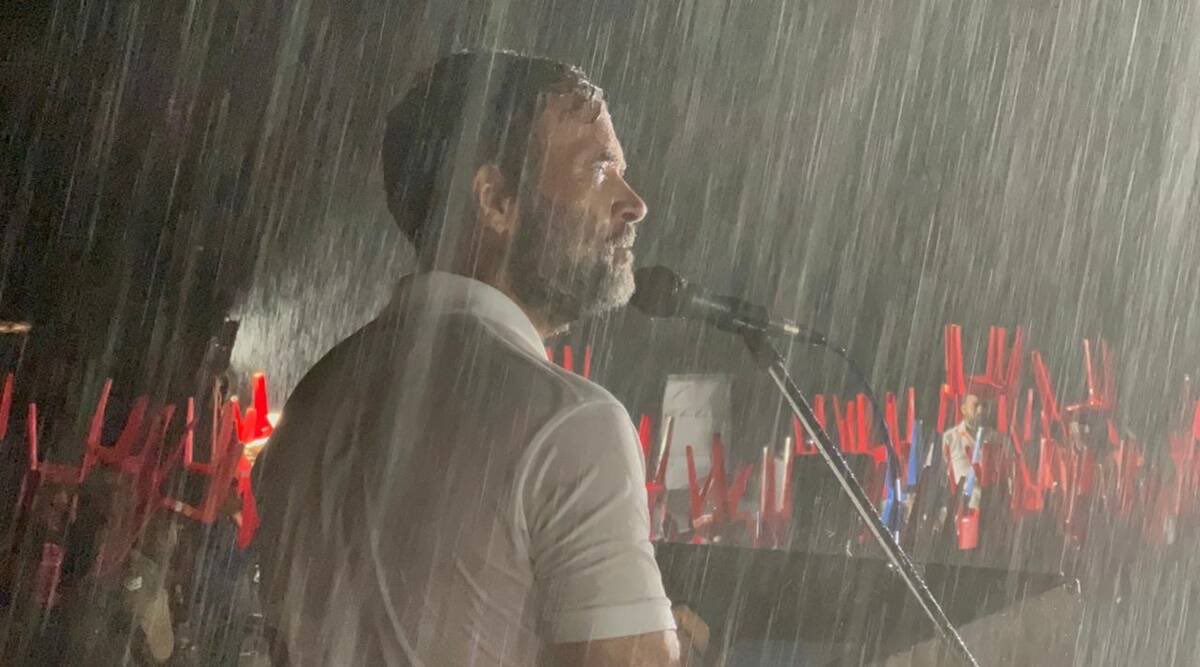 Congress leader Rahul Gandhi addressing supporters in the rain in Mysuru, Karnataka, India in an image that went viral — and was part of a carefully crafted image management strategy devised by Kanugolu [Courtesy Indian National Congres]