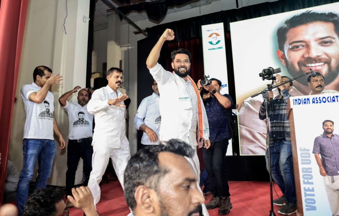 Congress leader and candidate from Kerala’s Vadakara Lok Sabha constituency Shafi Parambil addresses an election campaign in Sharjah in the United Arab Emirates. (Photo/ KMCC Handout)