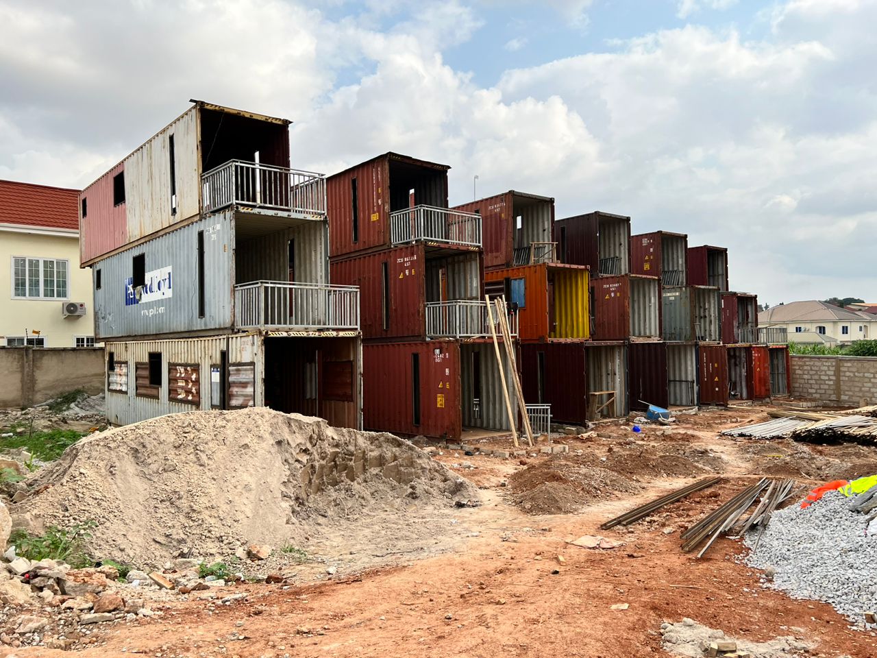 Eco-homes made from shipping containers under construction [Courtesy of Eric Kwaku Gyimah]