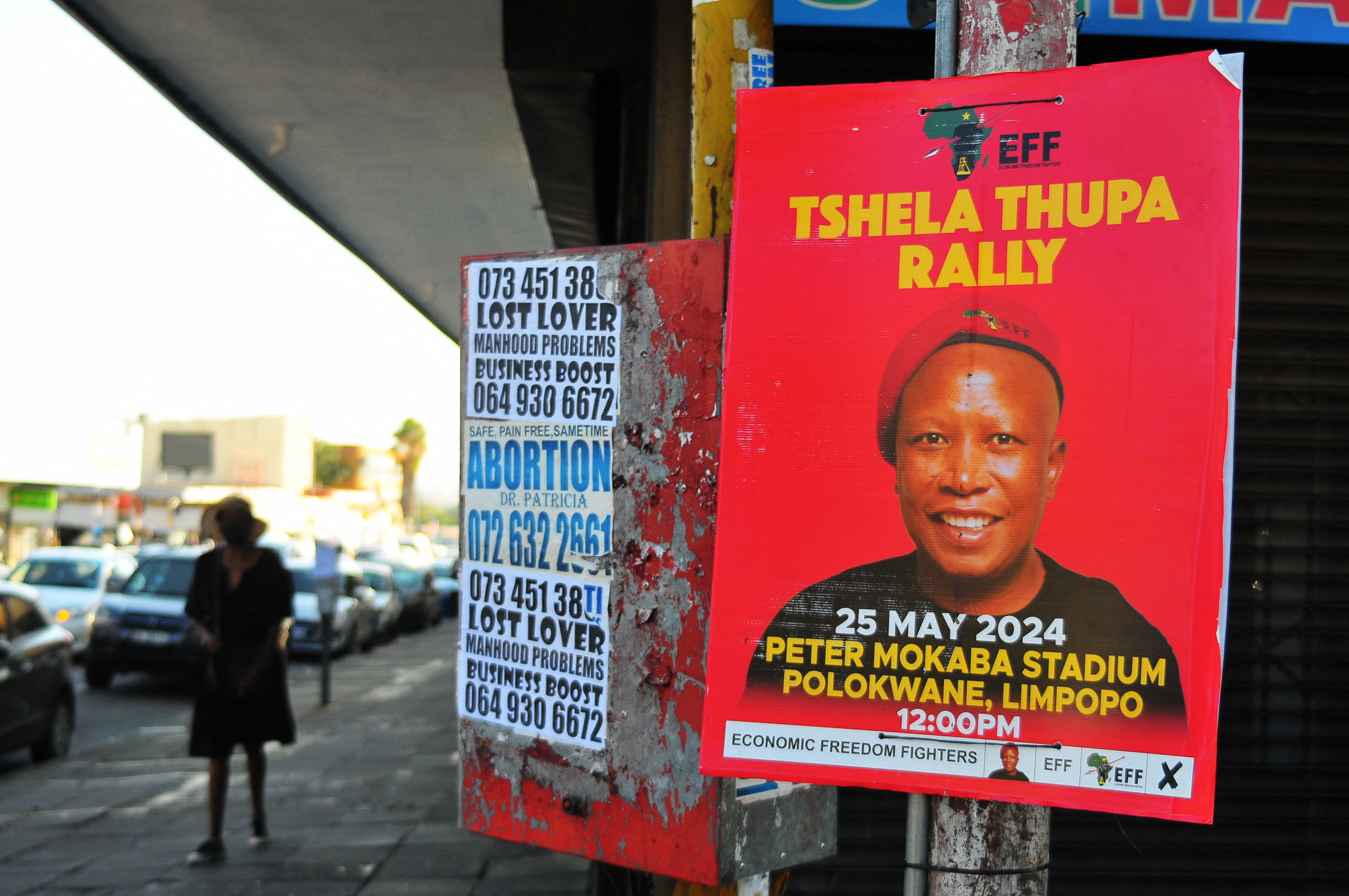 An electoral poster of the Economic Freedom Fighters (EFF) leader Julius Malema is seen in Polokwane, on May 2, 2024, before the 2024 South African general election