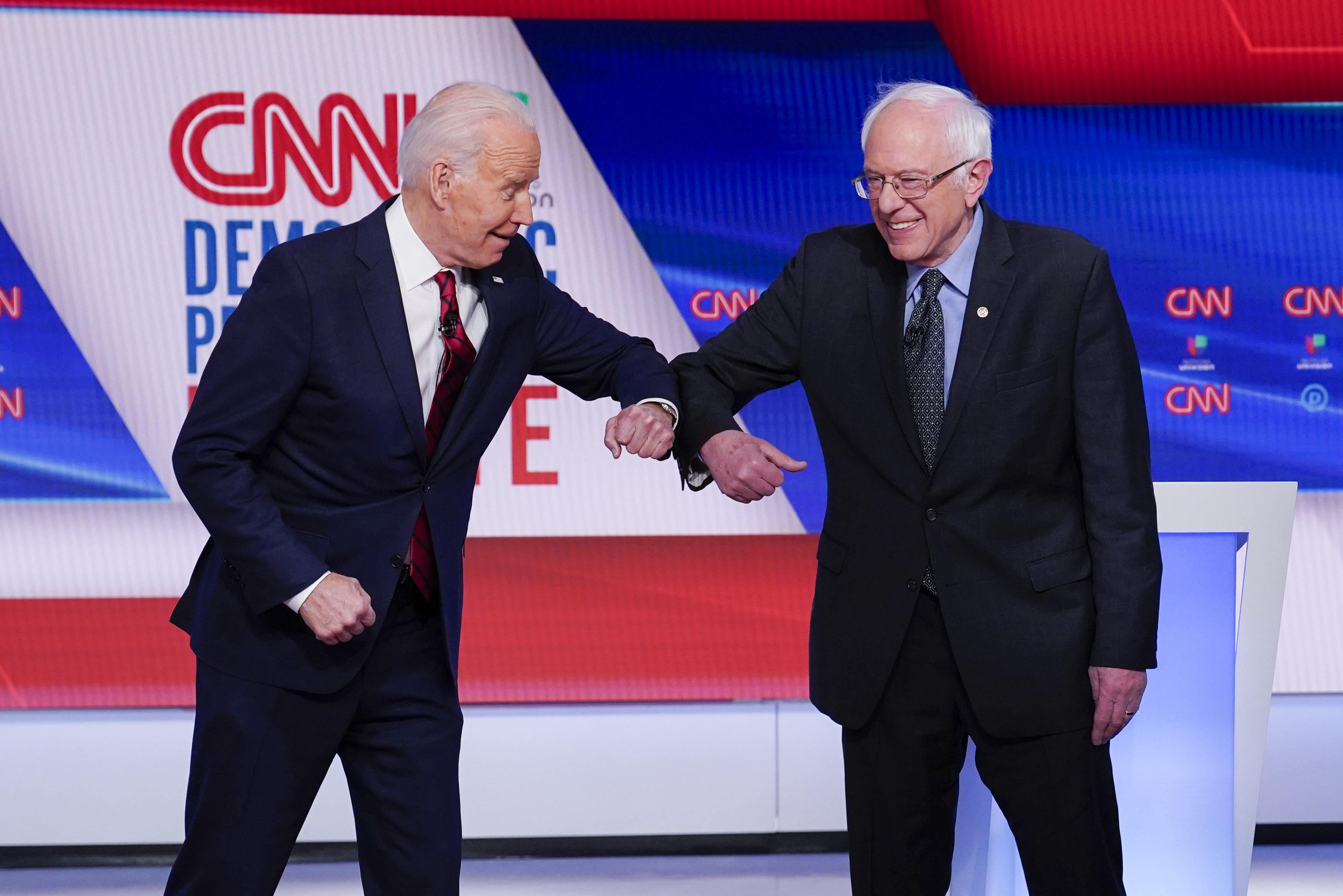 In March 2020, Joe Biden and Bernie Sanders participate in a Democratic presidential primary debate in Washington, DC