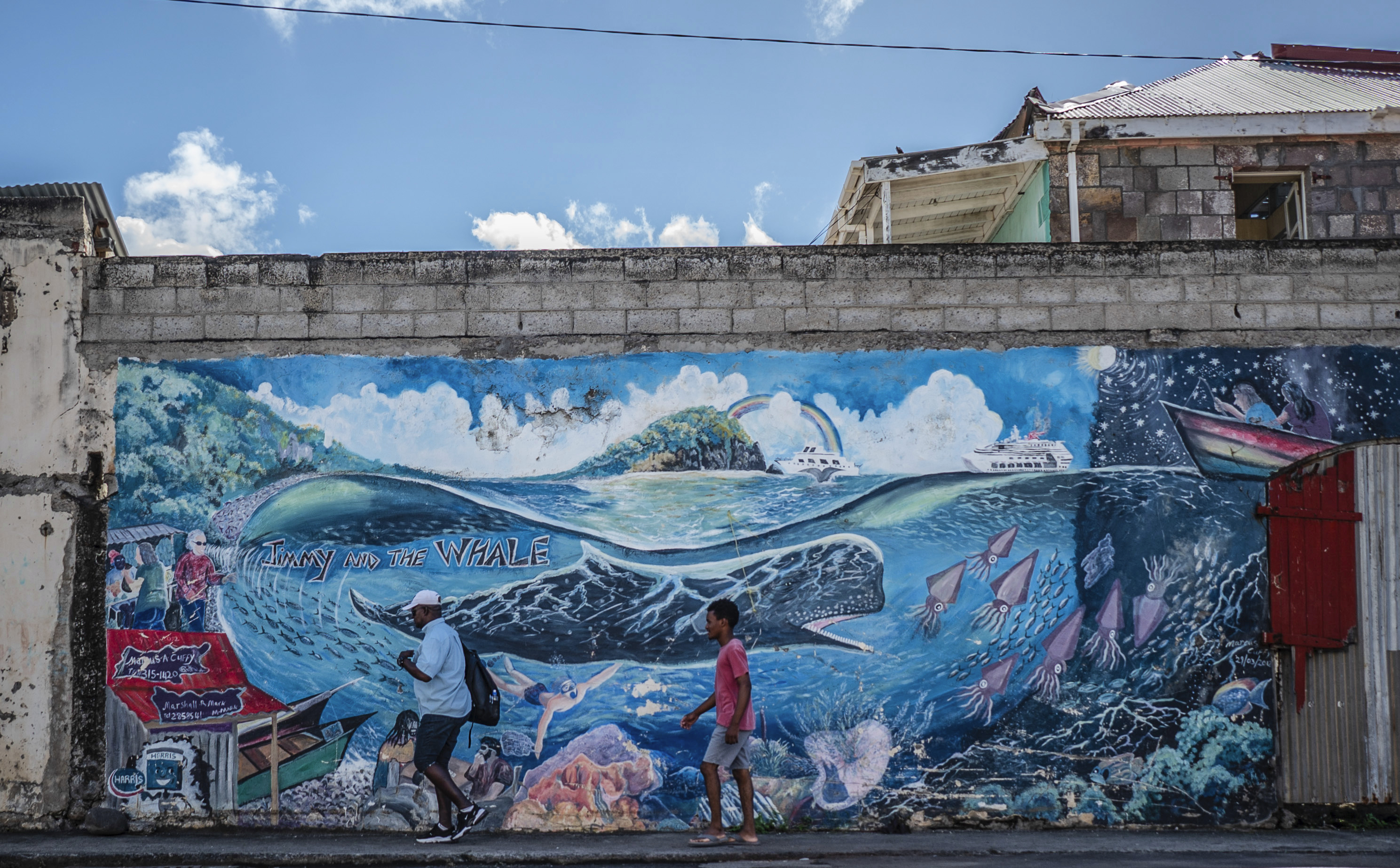 People walk past a mural of a whale created by artist Marcus Cuffi in Roseau, Dominica. The tiny island of Dominica announced in November 2023 that it is creating the world’s first marine protected area for one of the Earth’s largest animals – the endangered sperm whale