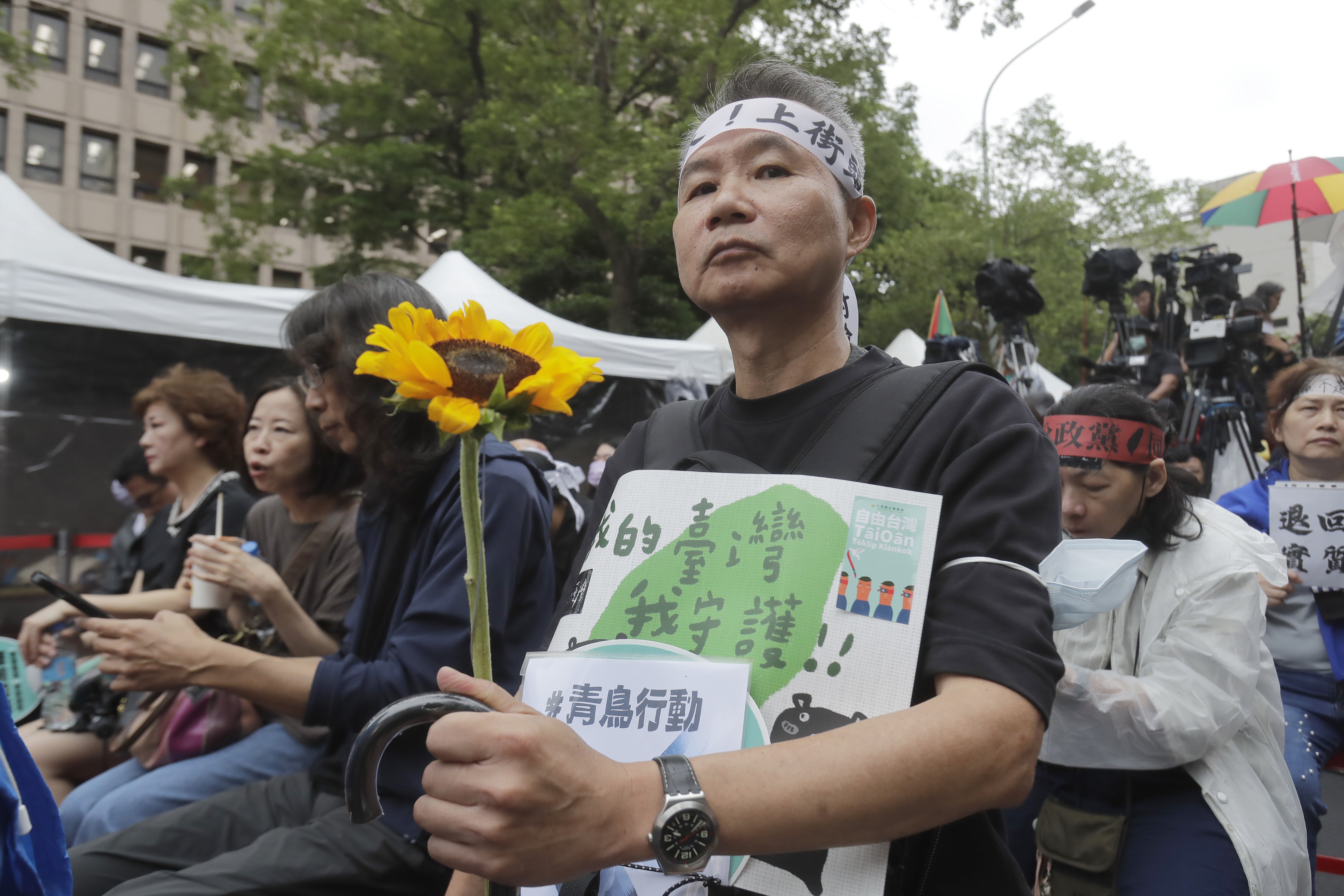 A supporter of the ruling Democratic Progressive Party (DPP) holds a sunflower and a poster with the slogan, ‘My Taiwan. I Protect’, in front of the legislative building in Taipei