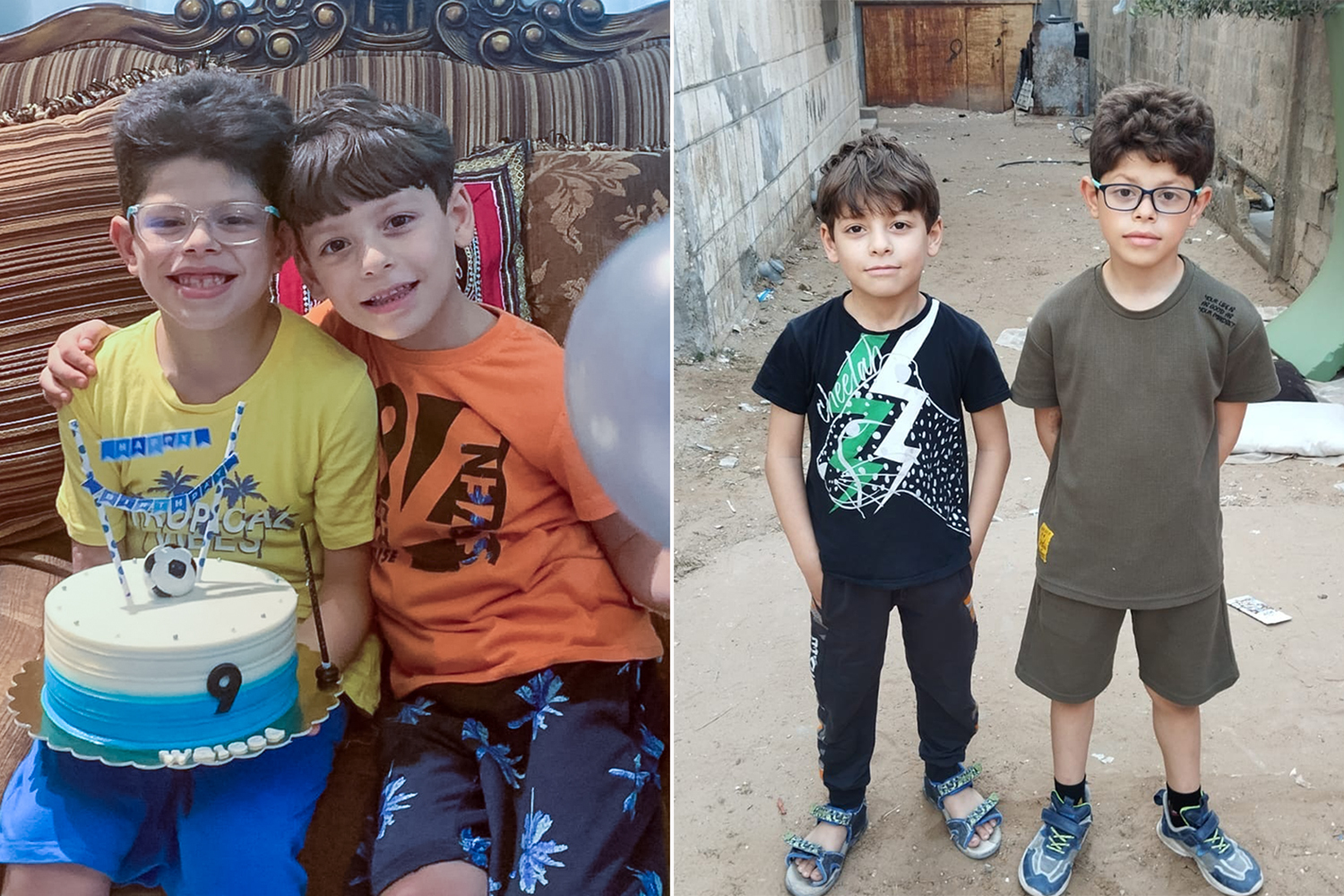 Khader al-Belbesy’s children, Walid, nine, and seven-year-old Hamoud, before the war in their home (L) and after the war, displaced to Rafah (R) [Courtesy of Khader al-Belbesy]