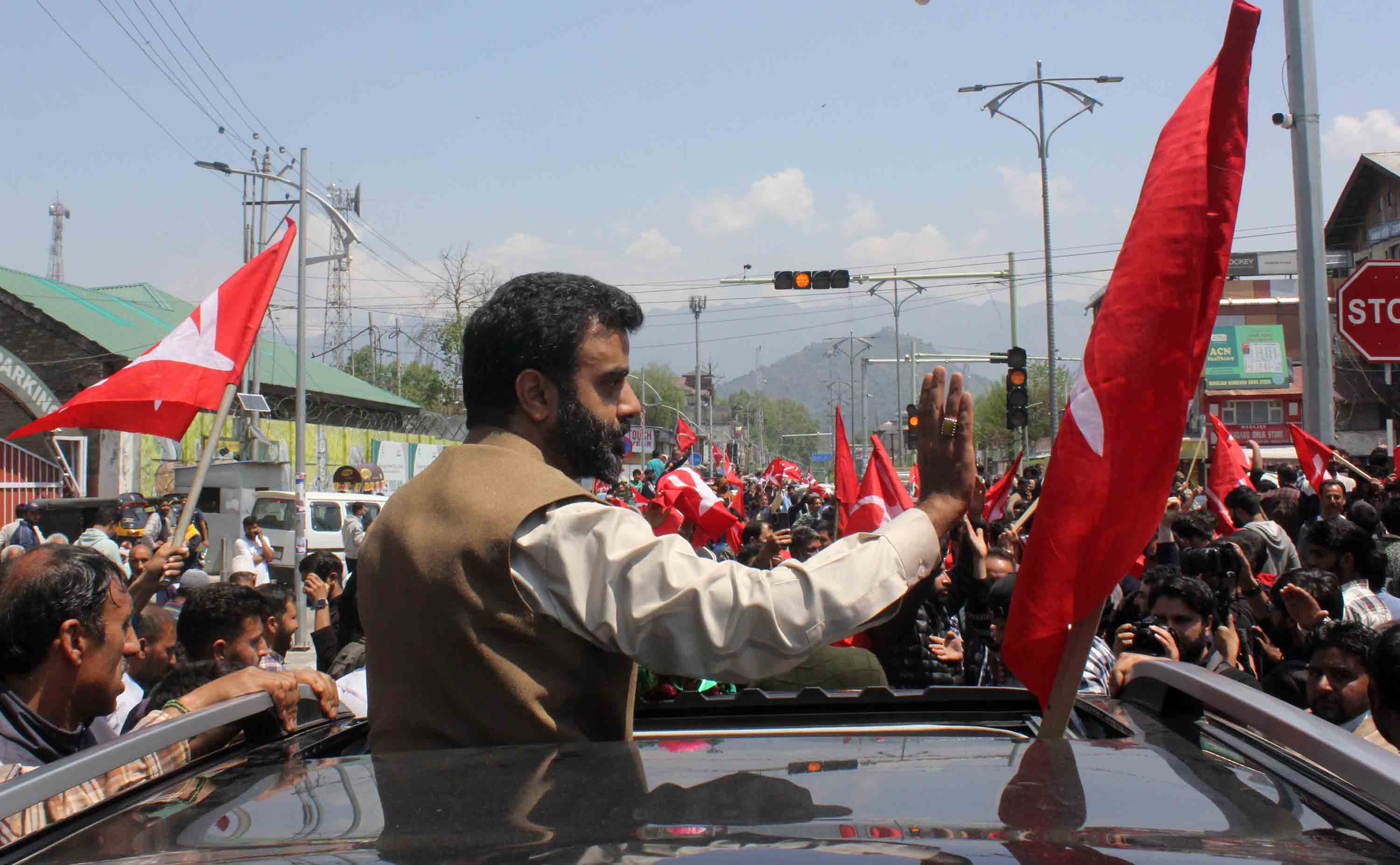 National Conference candidate Aga Syed Ruhullah in an election rally in Srinagar ahead of the May 13, 2024, vote in the city