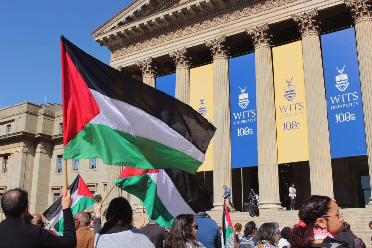 Protesters gather in front of The Great Hall at Wits University in support of Palestine [Courtesy of Zahra Carrim]