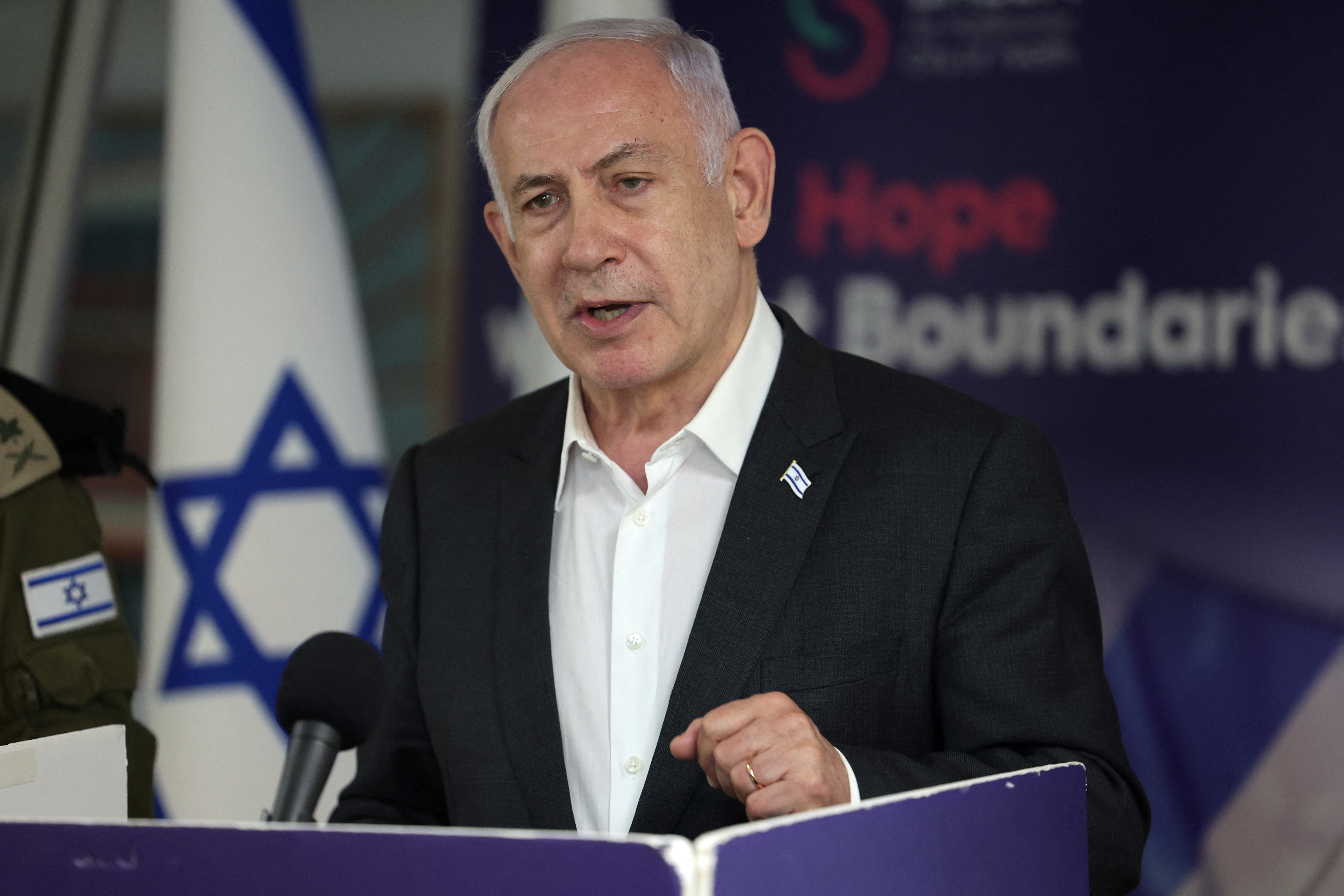 Israeli Prime Minister Benjamin Netanyahu speaks during a press conference at the Sheba Tel-HaShomer Medical Centre, in Ramat Gan on June 8