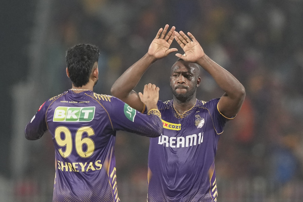 West Indies allrounder Andre Russell, right, has won two T20 World Cups and in May lifted the Indian Premier League title with Kolkata Knight Riders under the captaincy of Shreyas Iyer