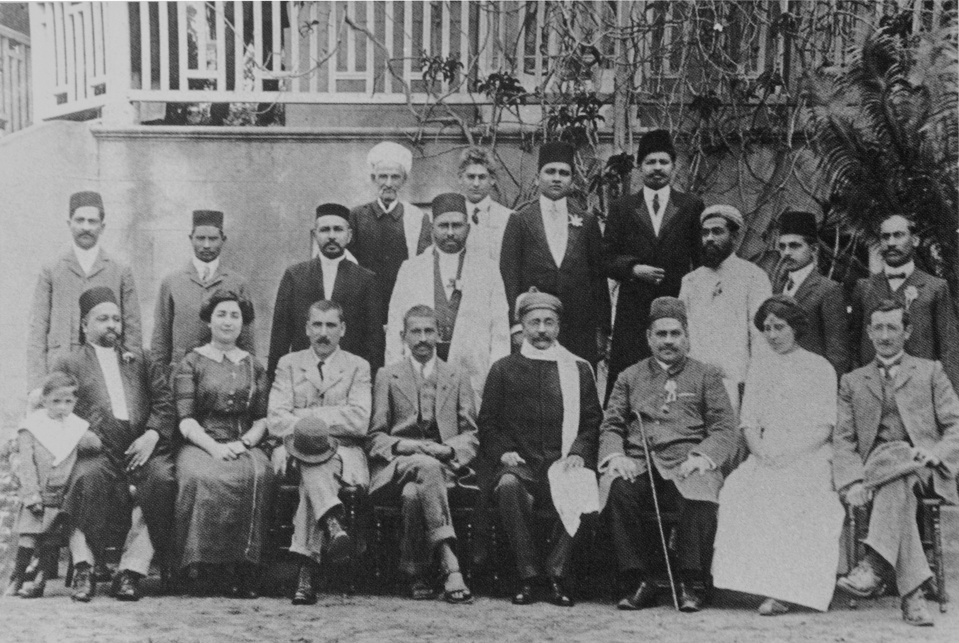 Gandhi during the visit of Indian political leader Gopal Krishna Gokhale to South Africa; Durban; 1912. Below row; center; from left: Dr. Hermann Kallenbach; Gandhi; Gokhale; Parsee Rustomjee. ca. 1912 (Photo by: HUM Images/Universal Images Group via Getty Images)