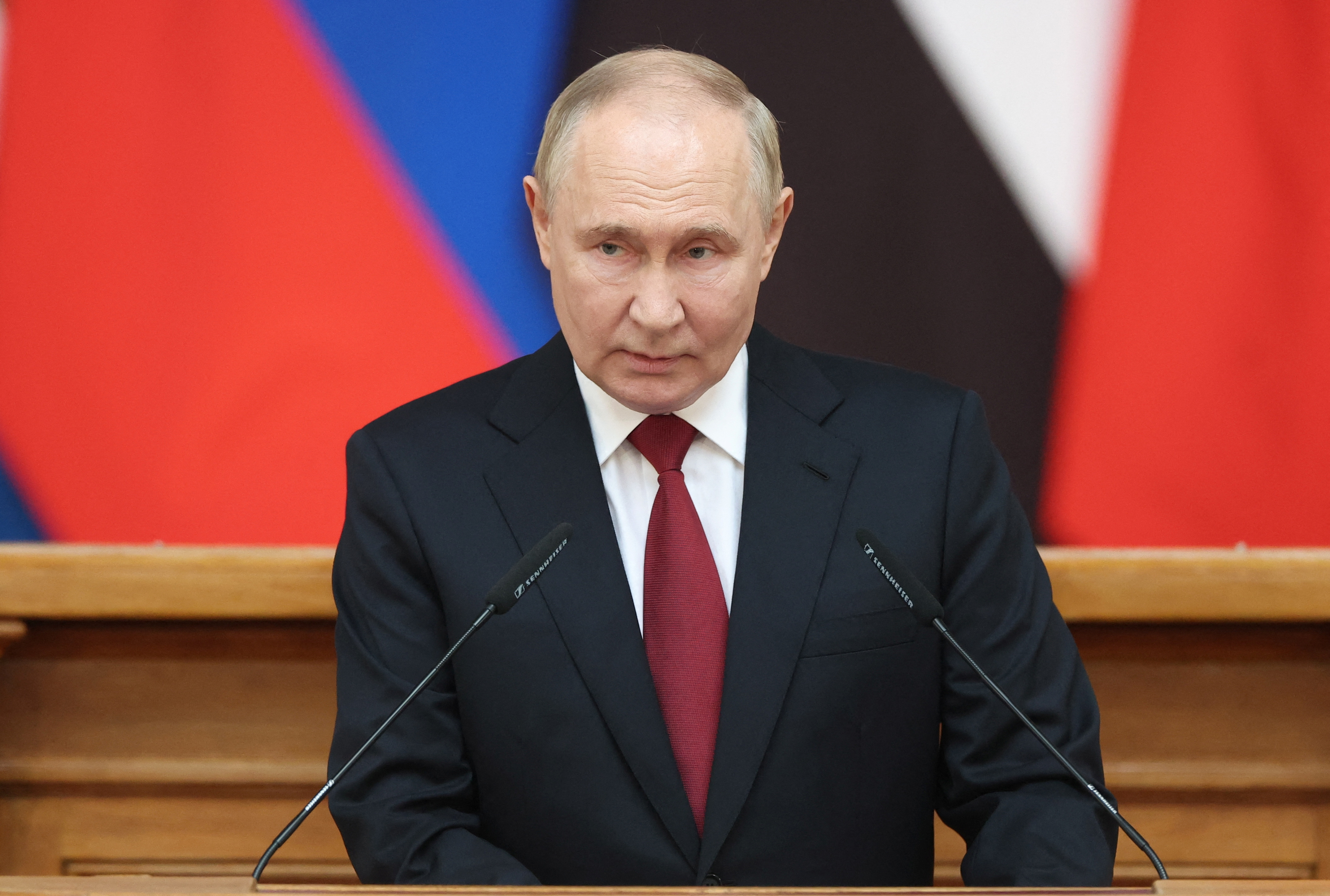 Russian President Vladimir Putin speaks at the BRICS Parliamentary Forum in Saint Petersburg, Russia