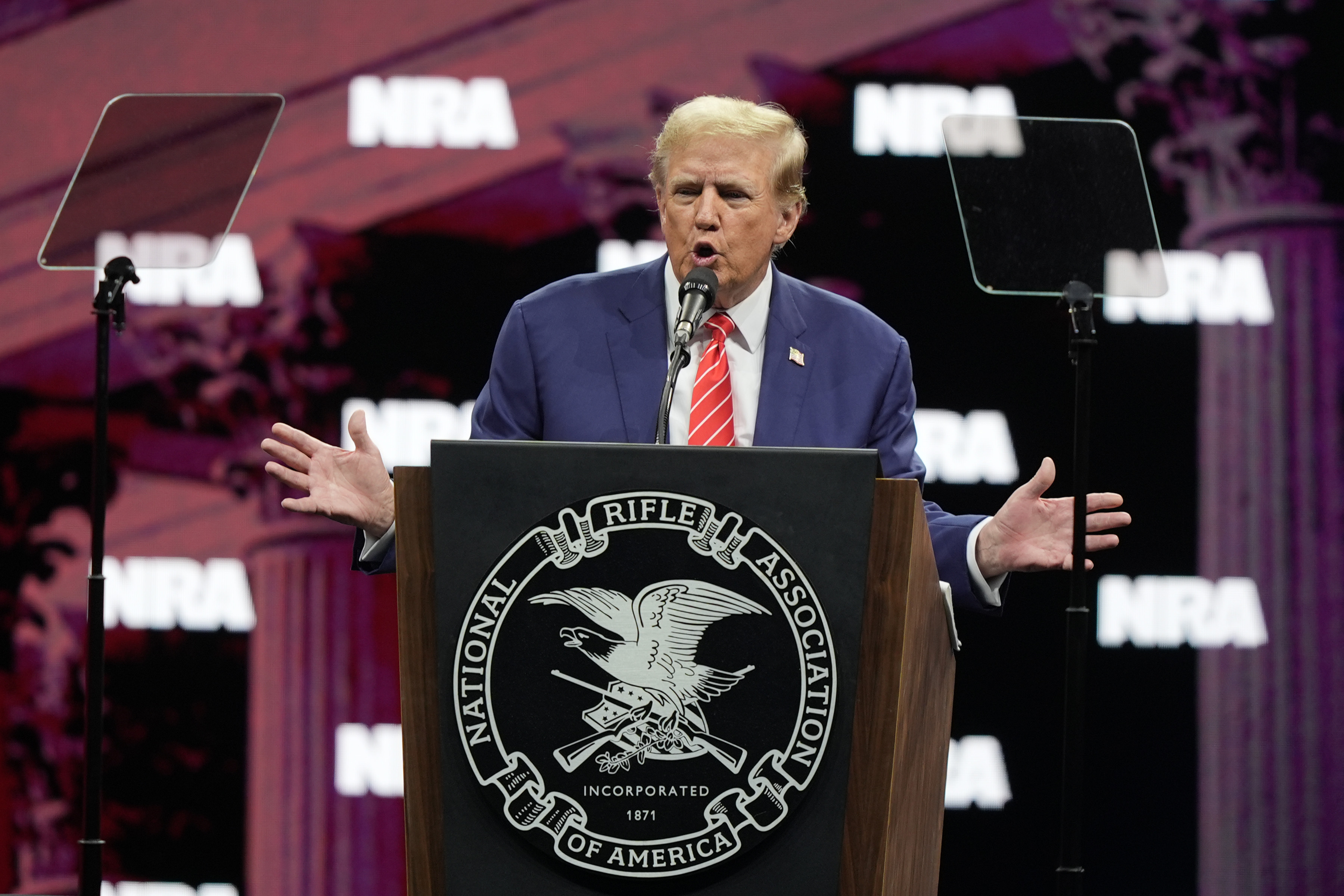 Former President Donald Trump speaks during the National Rifle Association Convention, Saturday, May 18, 2024, in Dallas. (AP Photo/LM Otero)