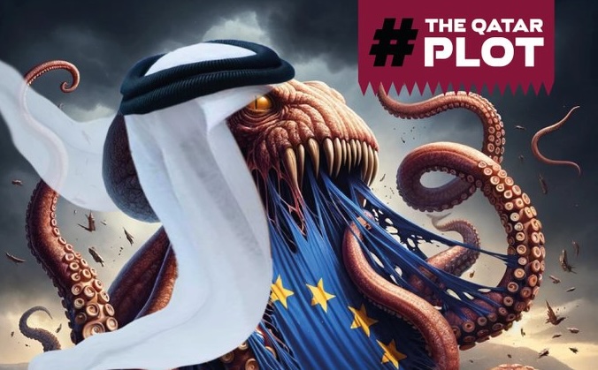 The campaign shared AI-generated Islamophobic cartoons, including images of Qatari 'krakens' attacking the EU, on various platforms [Image courtesy of Marc Owen Jones]