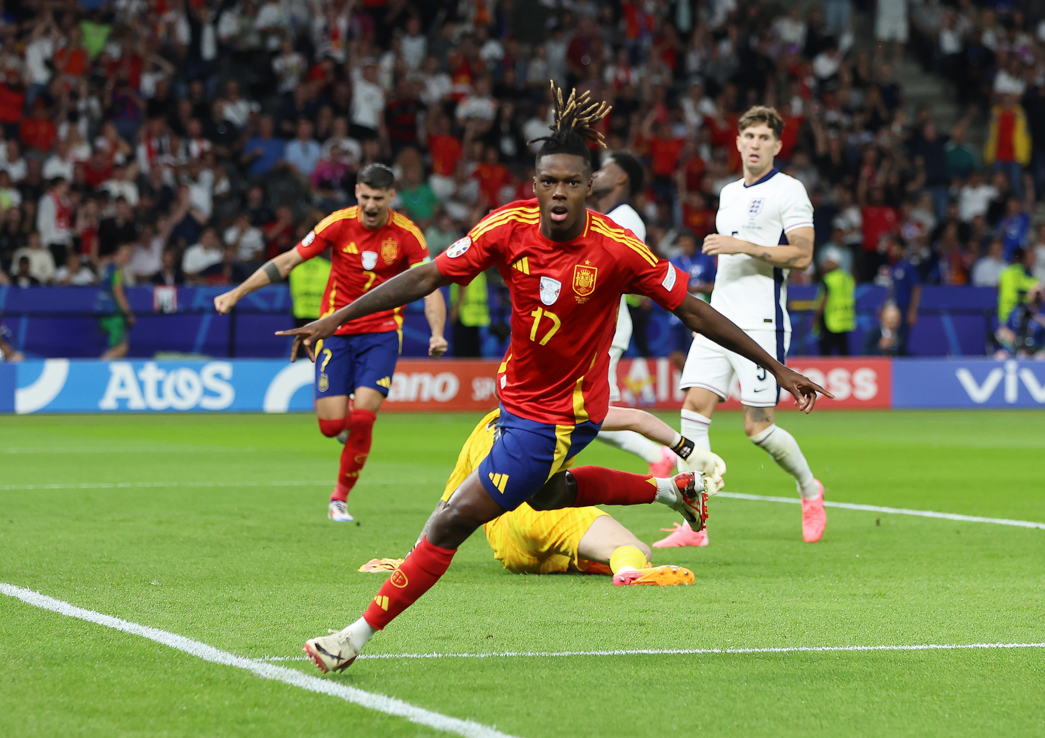 BERLIN, GERMANY - JULY 14: Nico Williams of Spain celebrates scoring his team's first goal during the UEFA EURO 2024 final match between Spain and England at Olympiastadion on July 14, 2024 in Berlin, Germany. (Photo by Richard Pelham/Getty Images)