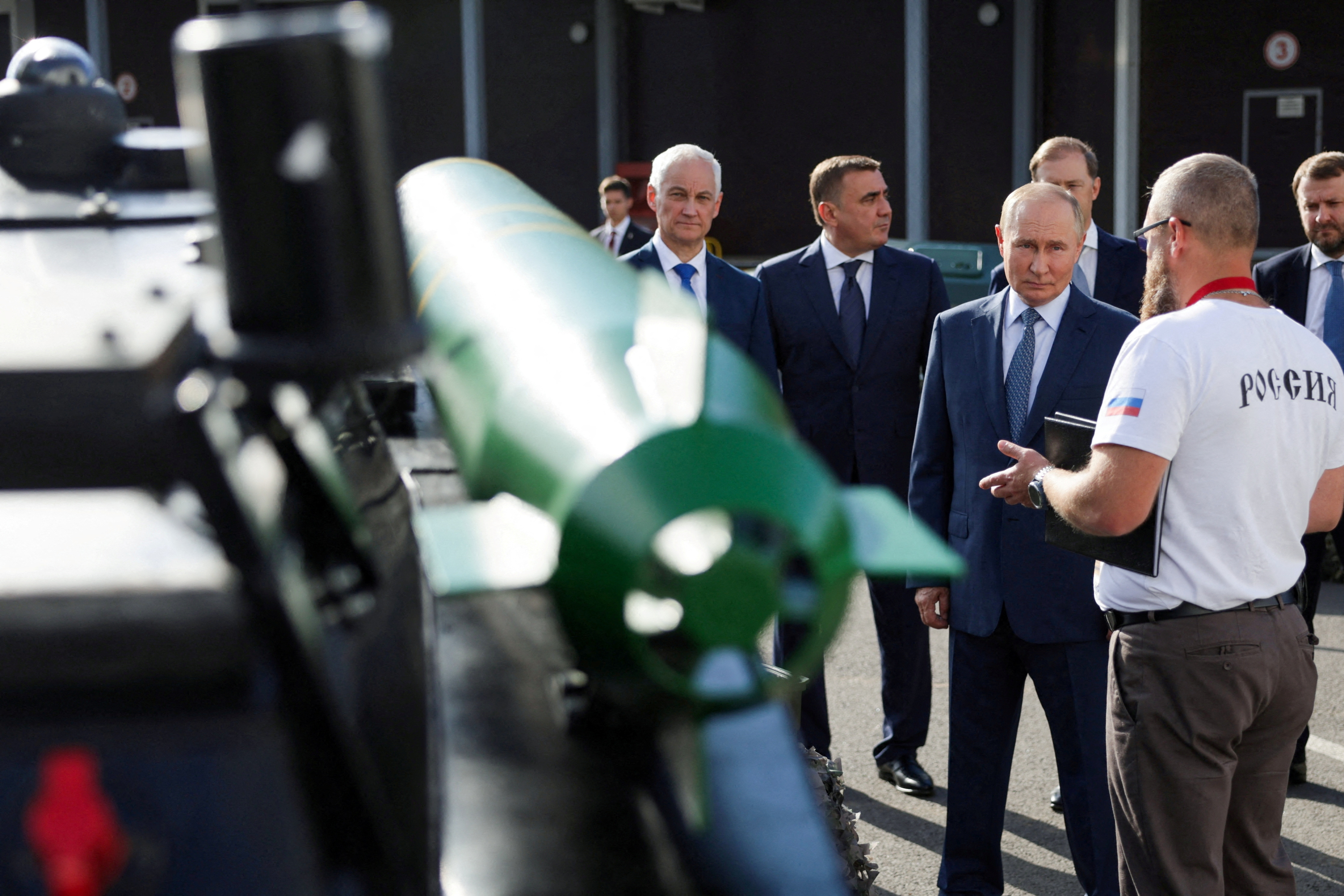 FILE PHOTO: Russia's President Vladimir Putin, accompanied by Defence Minister Andrei Belousov, Presidential Aide and State Council Secretary Alexei Dyumin, First Deputy Prime Minister Denis Manturov and Deputy Head of the Russian Presidential Administration Maxim Oreshkin, visits a drone production facility of the the Special Technology Centre in Saint Petersburg, Russia September 19, 2024. Sputnik/Gavriil Grigorov/Pool via REUTERS ATTENTION EDITORS - THIS IMAGE WAS PROVIDED BY A THIRD PARTY./File Photo