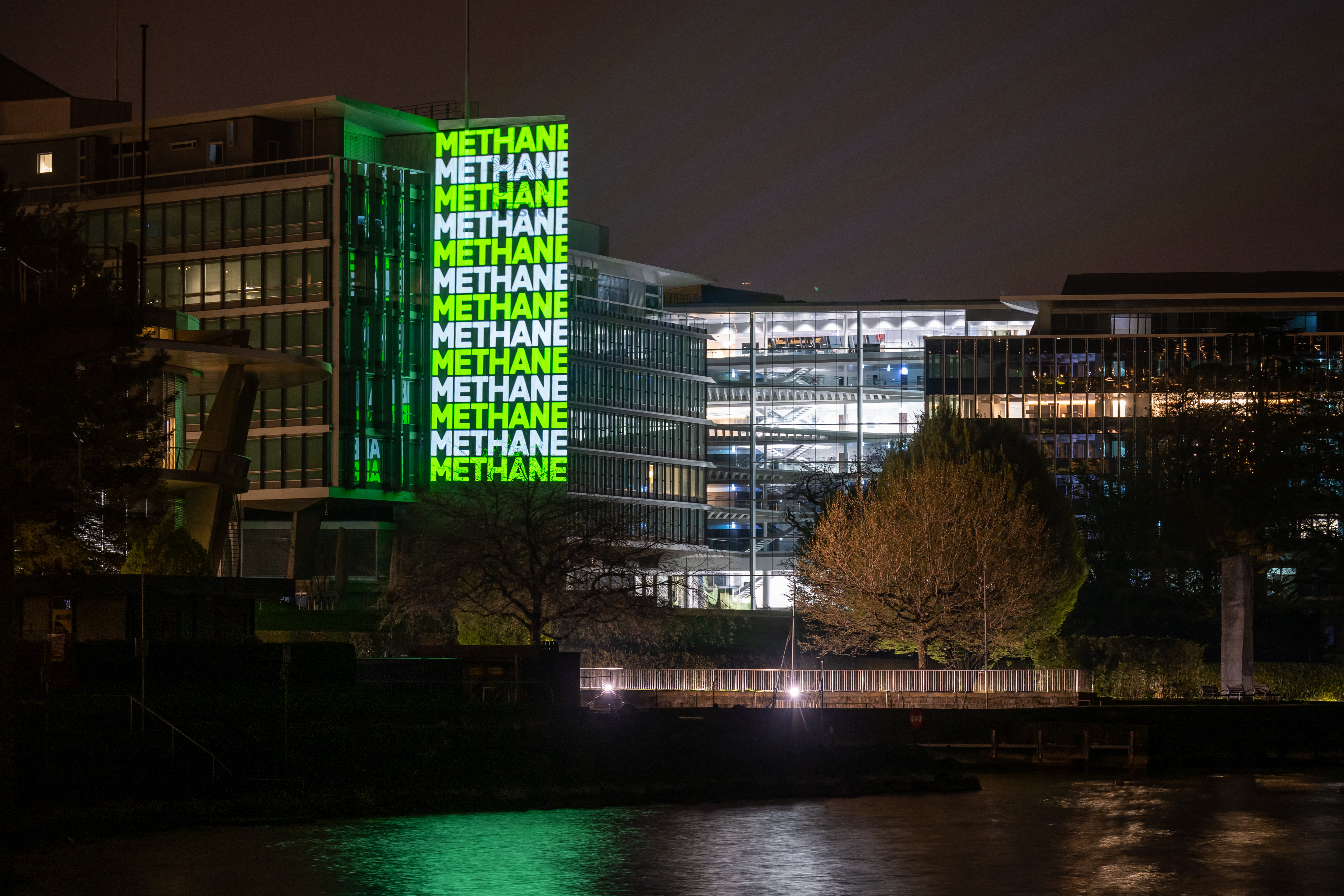 A projection on the facade of the headquarters of Swiss food giant Nestle